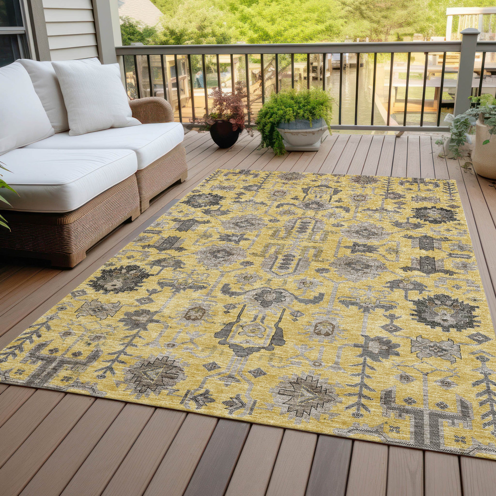 3' X 5' Yellow Gray And Charcoal Oriental Washable Indoor Outdoor Area Rug-7