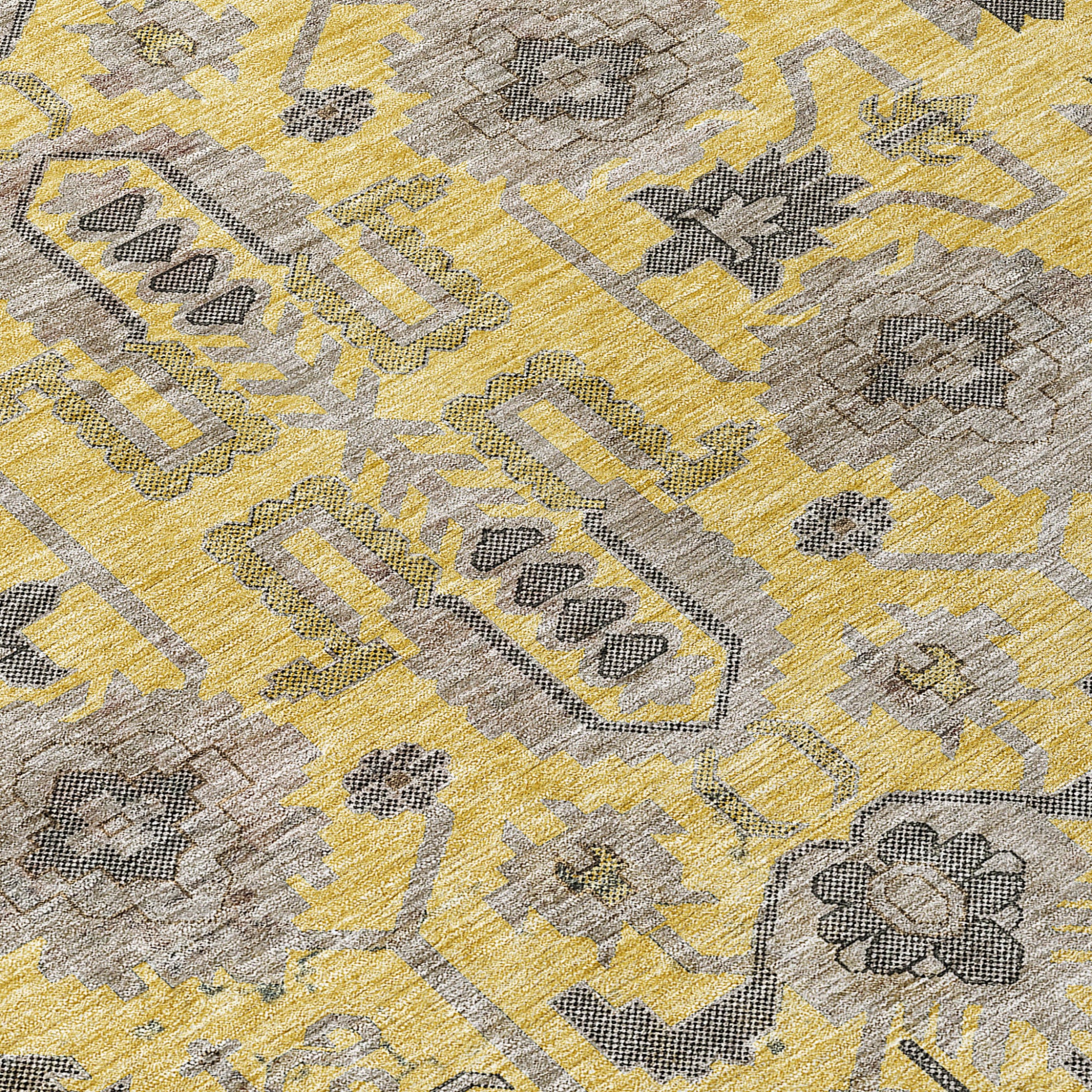 3' X 5' Yellow Gray And Charcoal Oriental Washable Indoor Outdoor Area Rug-4