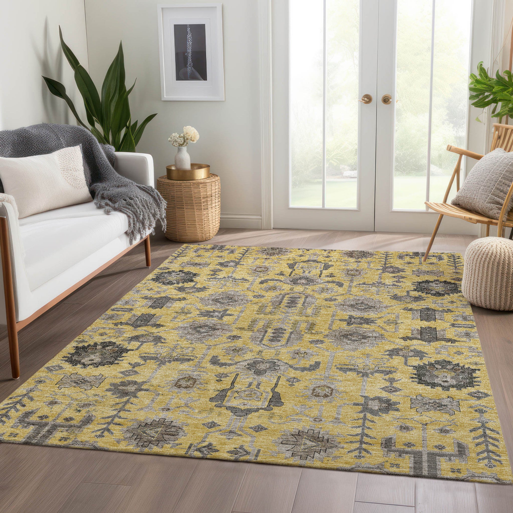 3' X 5' Yellow Gray And Charcoal Oriental Washable Indoor Outdoor Area Rug-8