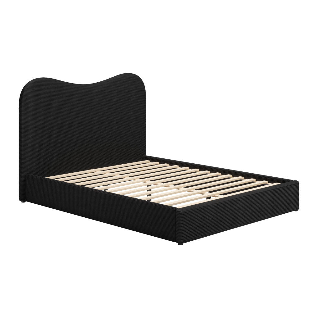 Black Ribbed Texture Velvet Upholstered Queen Bed Frame-1