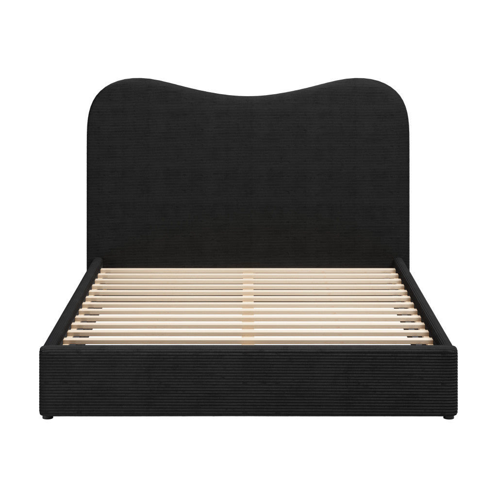 Black Ribbed Texture Velvet Upholstered Queen Bed Frame-2
