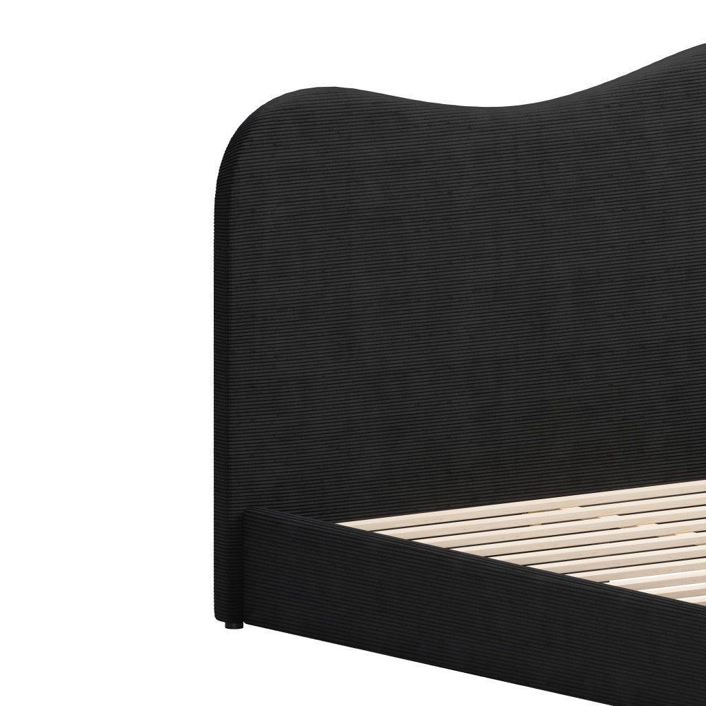Black Ribbed Texture Velvet Upholstered Queen Bed Frame-4
