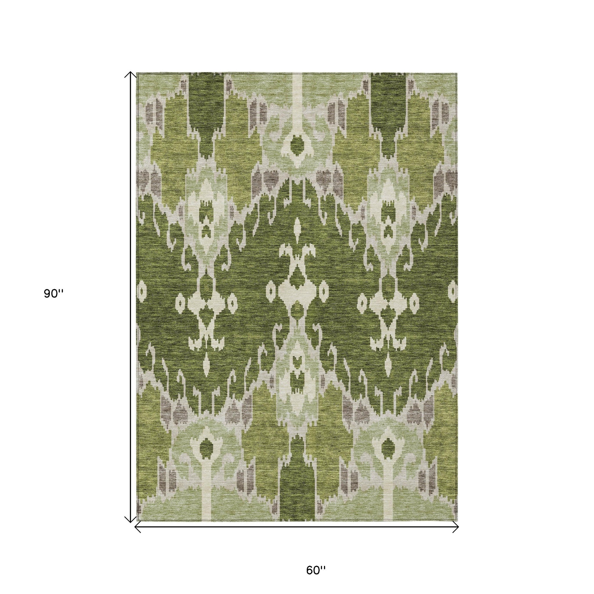 5' X 8' Olive Green And Artichoke Green Ikat Washable Indoor Outdoor Area Rug-2