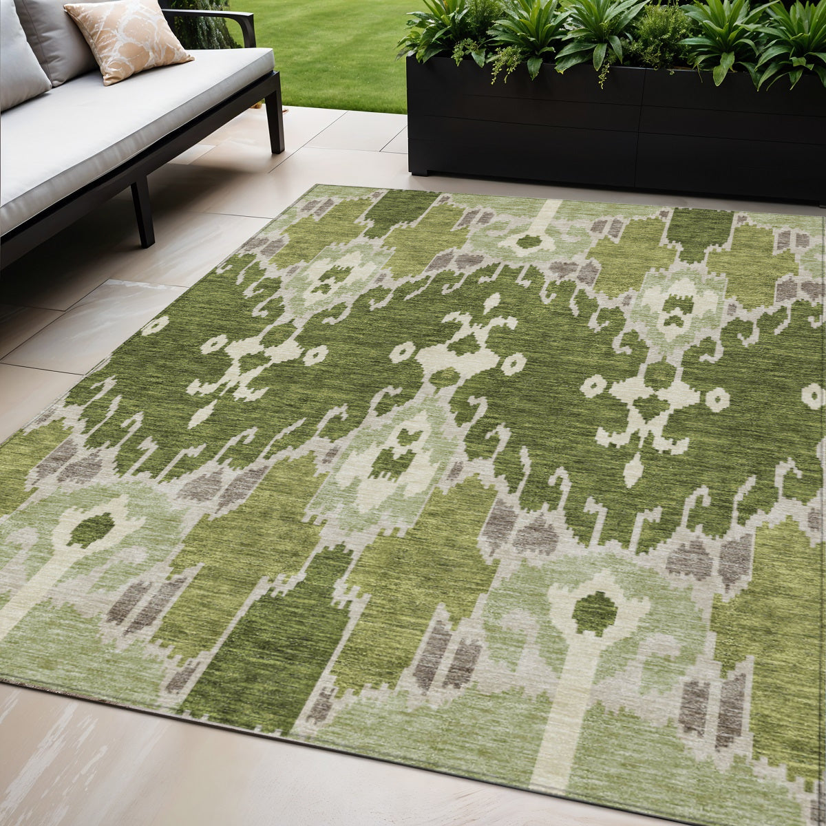 5' X 8' Olive Green And Artichoke Green Ikat Washable Indoor Outdoor Area Rug-0