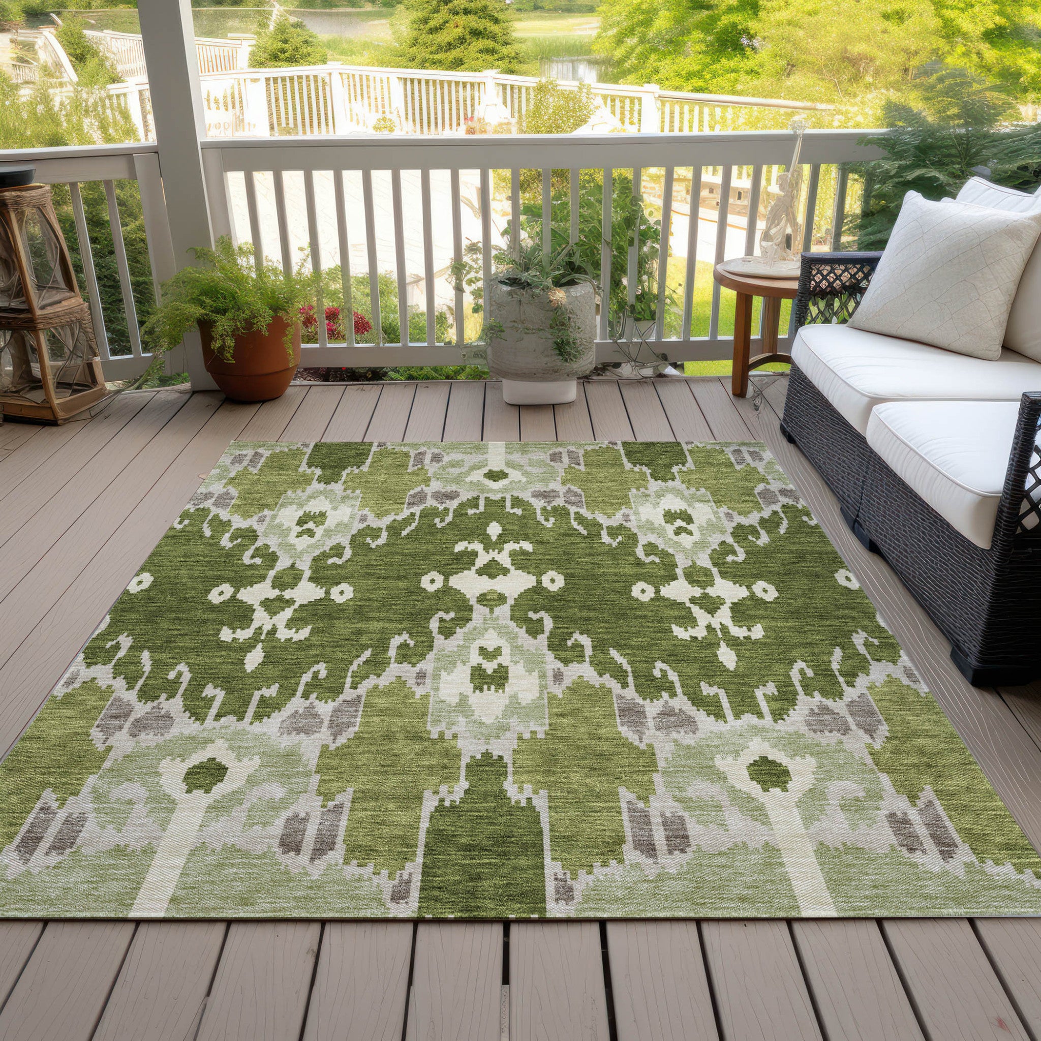 5' X 8' Olive Green And Artichoke Green Ikat Washable Indoor Outdoor Area Rug-7