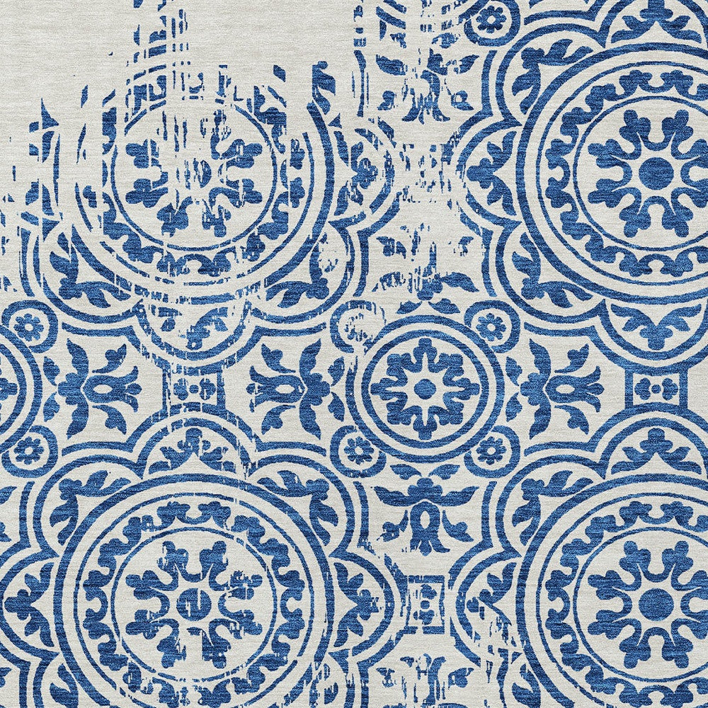 3' X 5' Navy Blue And Ivory Medallion Washable Indoor Outdoor Area Rug-4