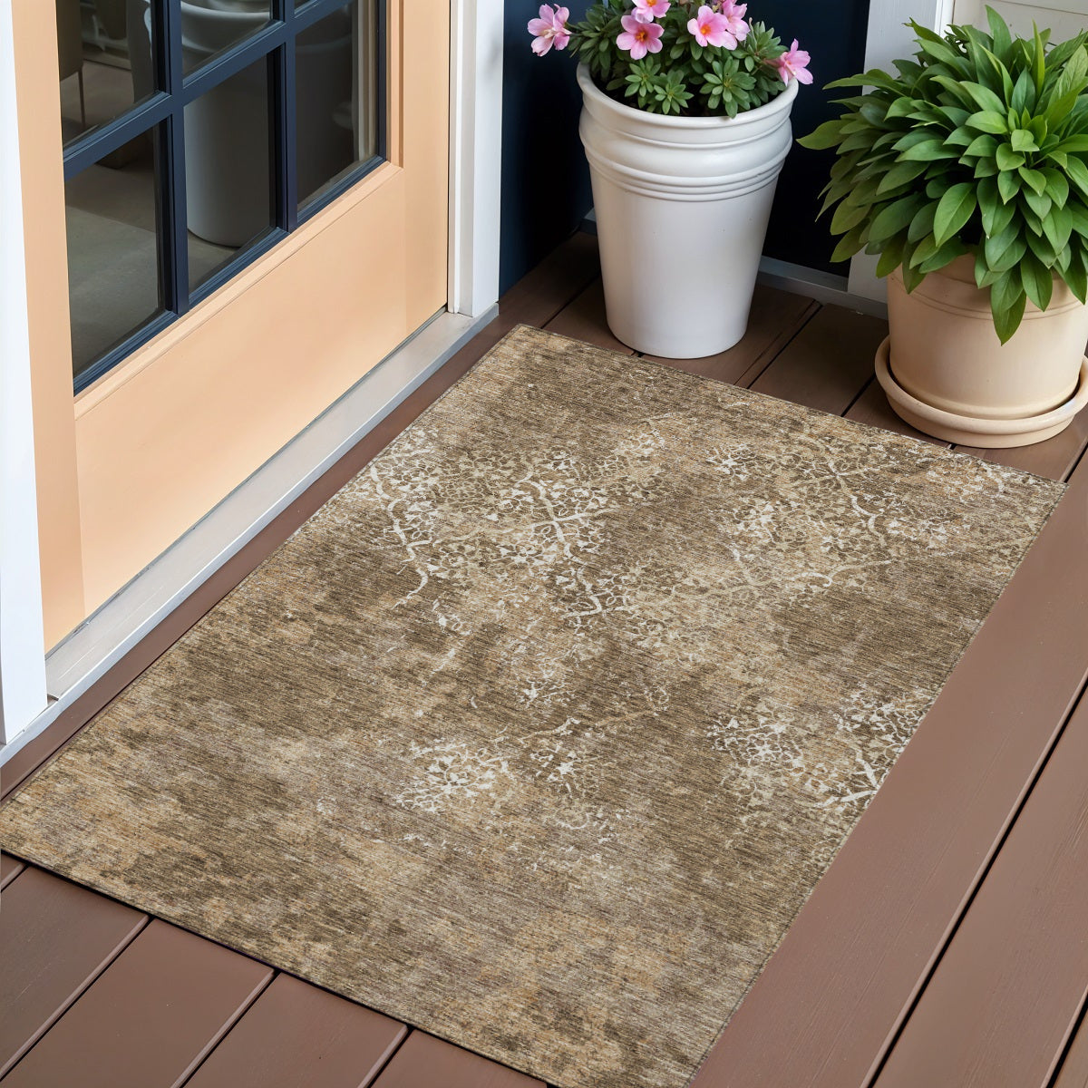 3' X 5' Brown Taupe And Ivory Floral Washable Indoor Outdoor Area Rug-0