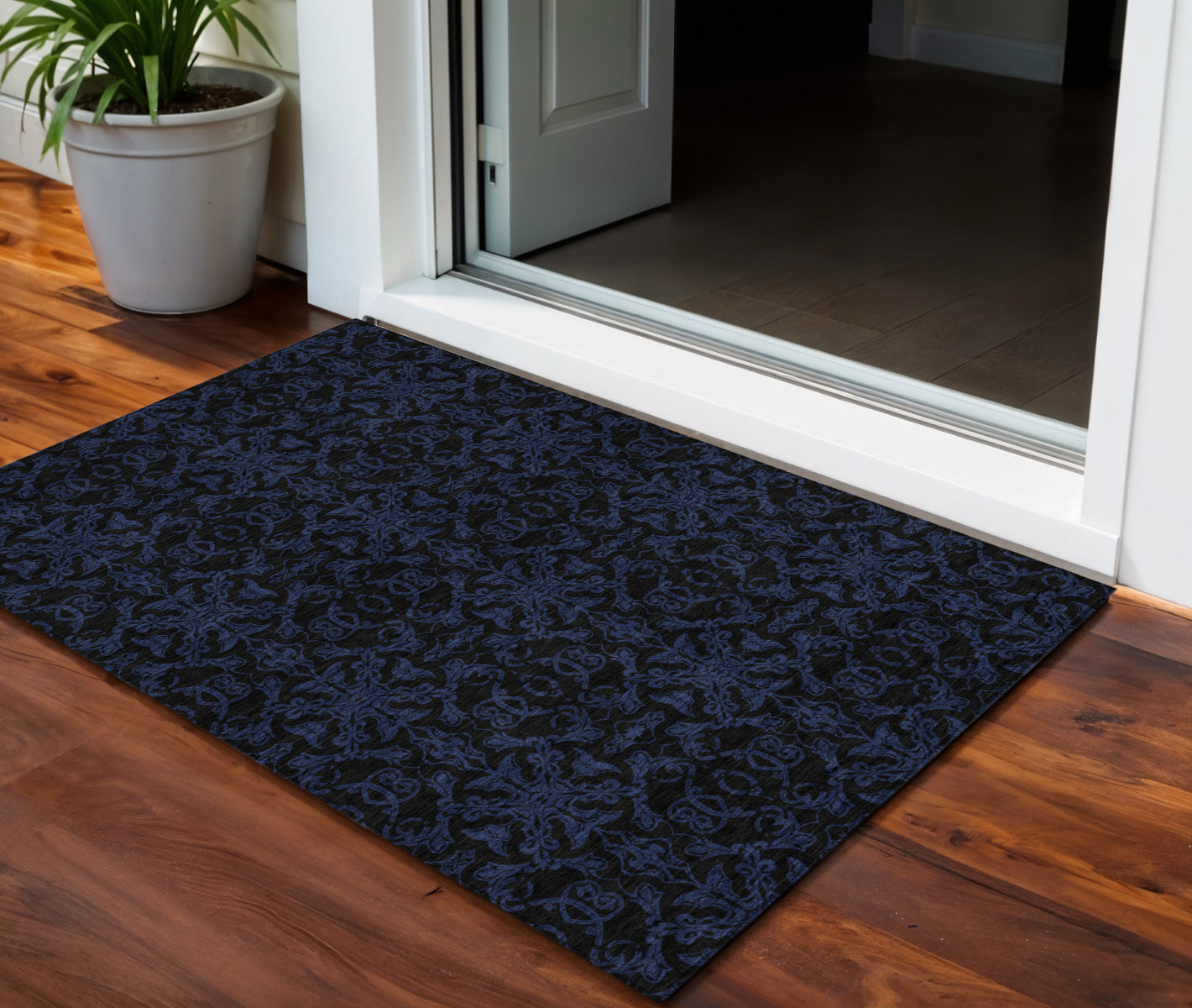3' X 5' Blue And Navy Blue Medallion Washable Indoor Outdoor Area Rug-0