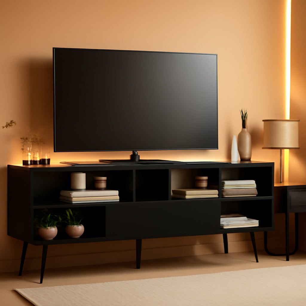 Black TV Stand With 1 Door 4 Shelves For 55 To 65 Inch TV-0