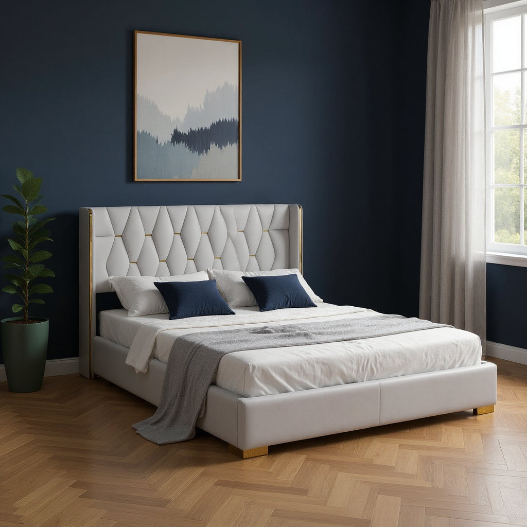 White Tufted Upholstered Twin Bed Frame-0