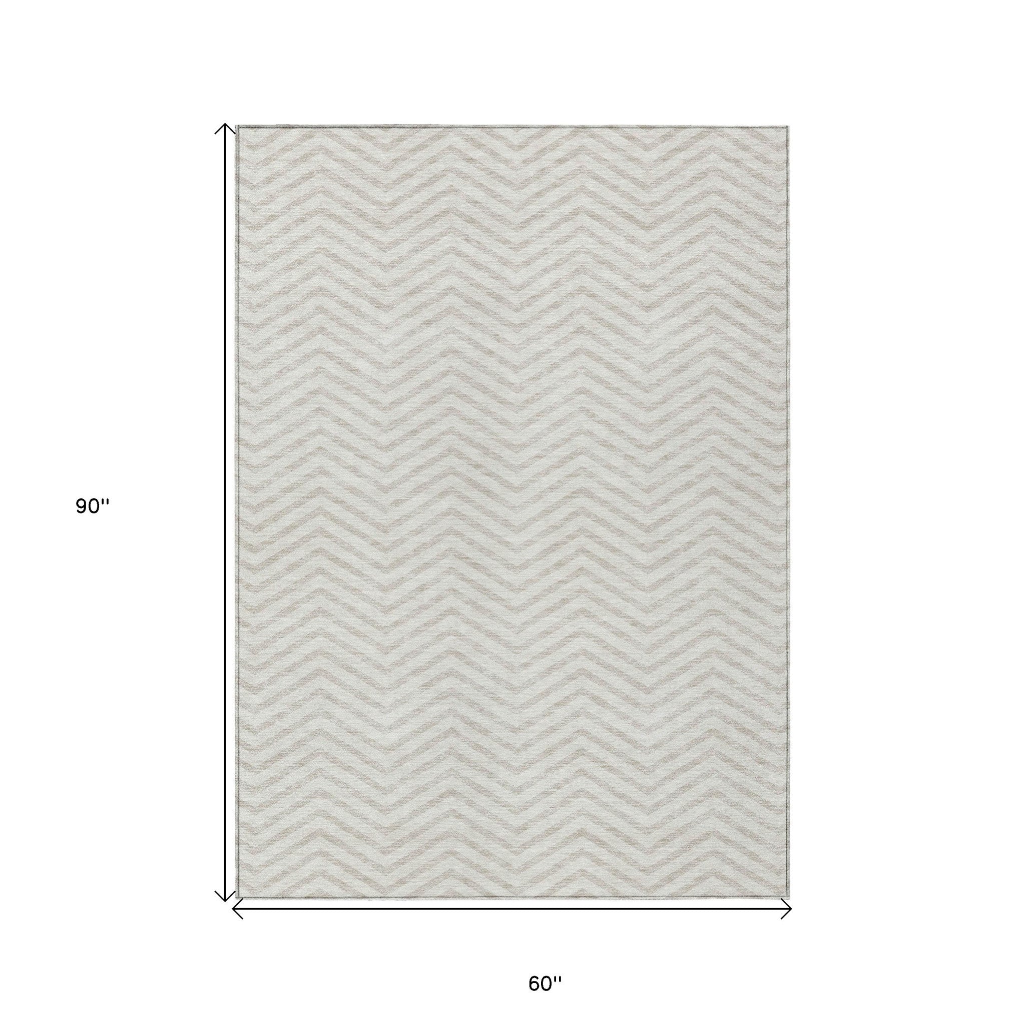 5' X 8' Ivory And Beige Chevron Washable Indoor Outdoor Area Rug-2