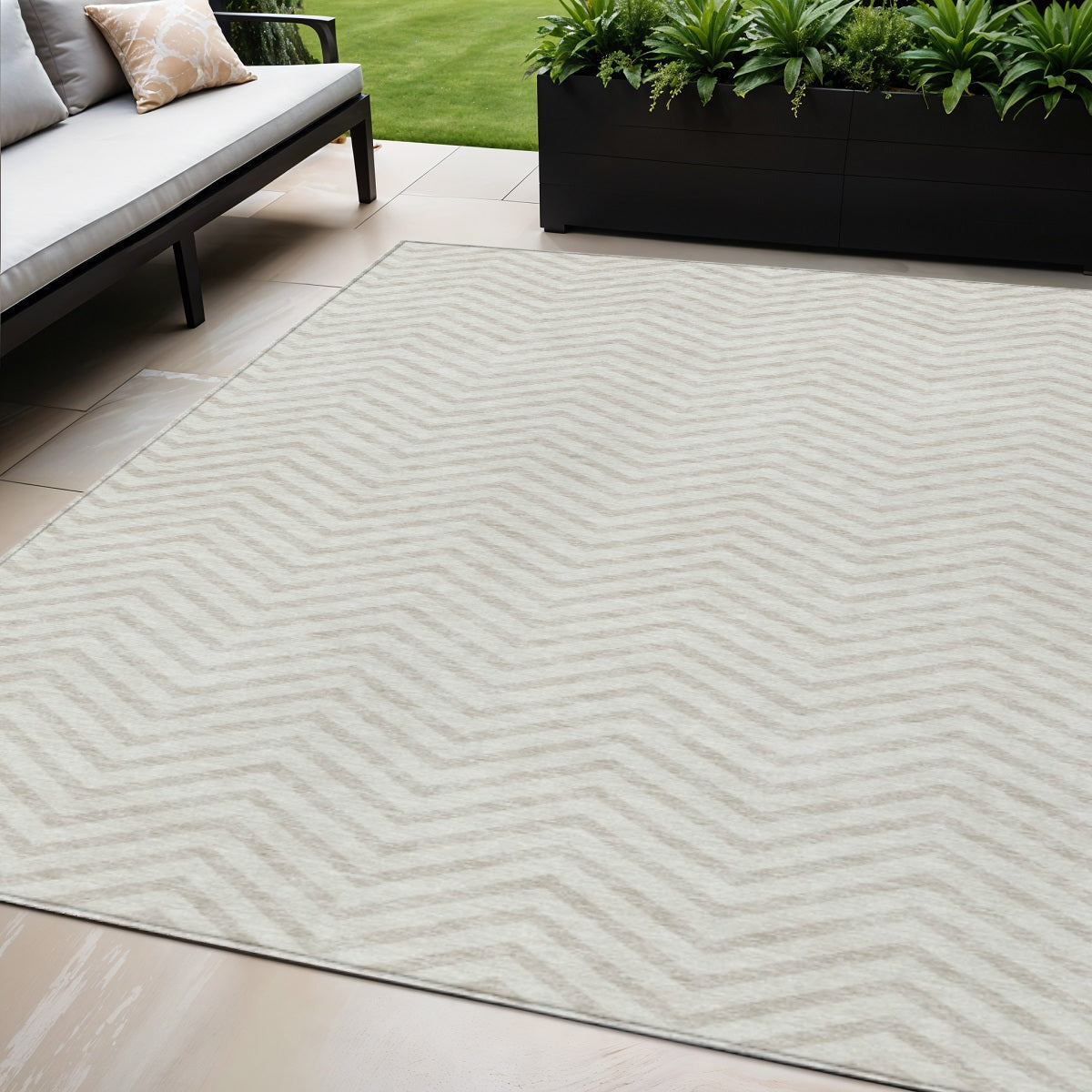 5' X 8' Ivory And Beige Chevron Washable Indoor Outdoor Area Rug-0