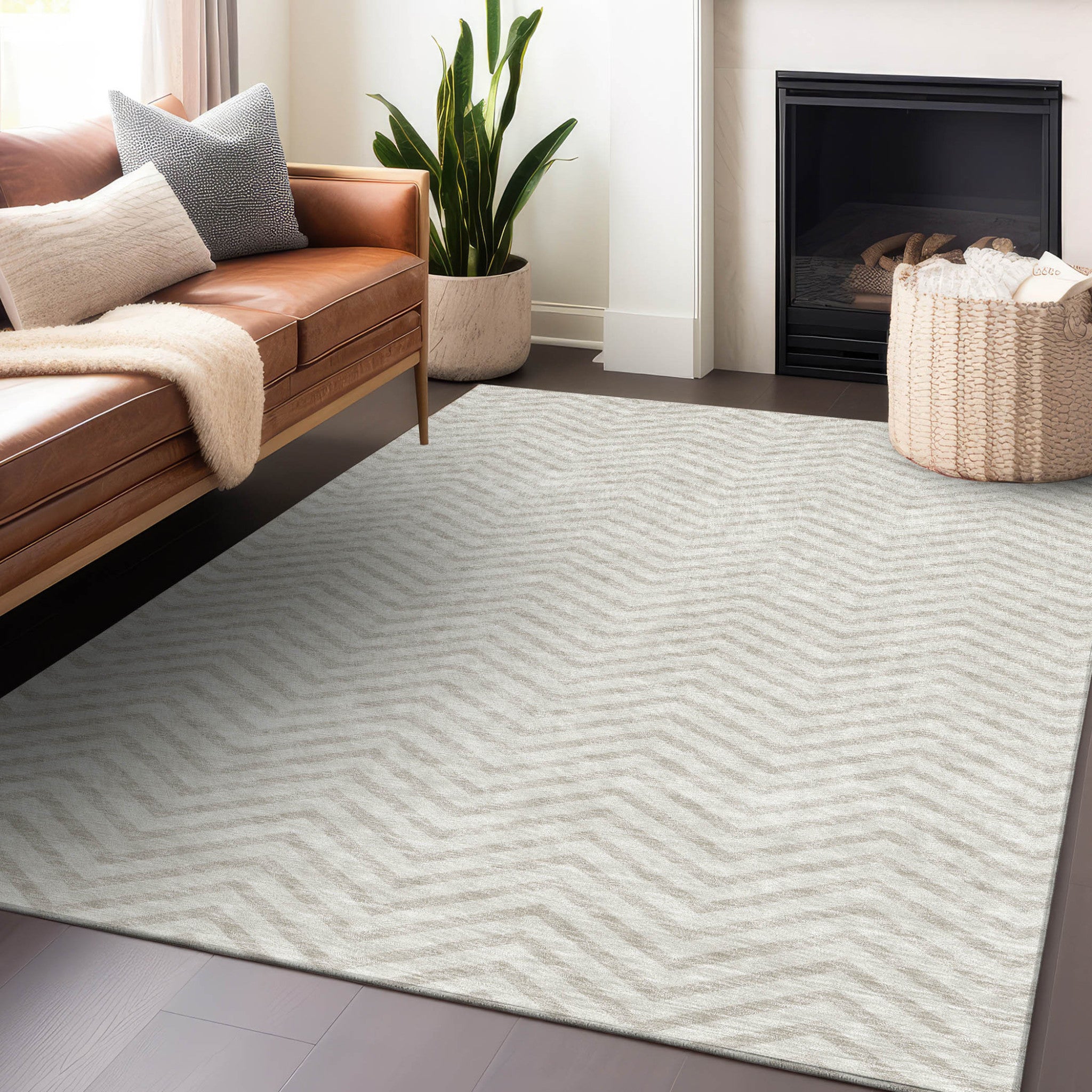 5' X 8' Ivory And Beige Chevron Washable Indoor Outdoor Area Rug-7