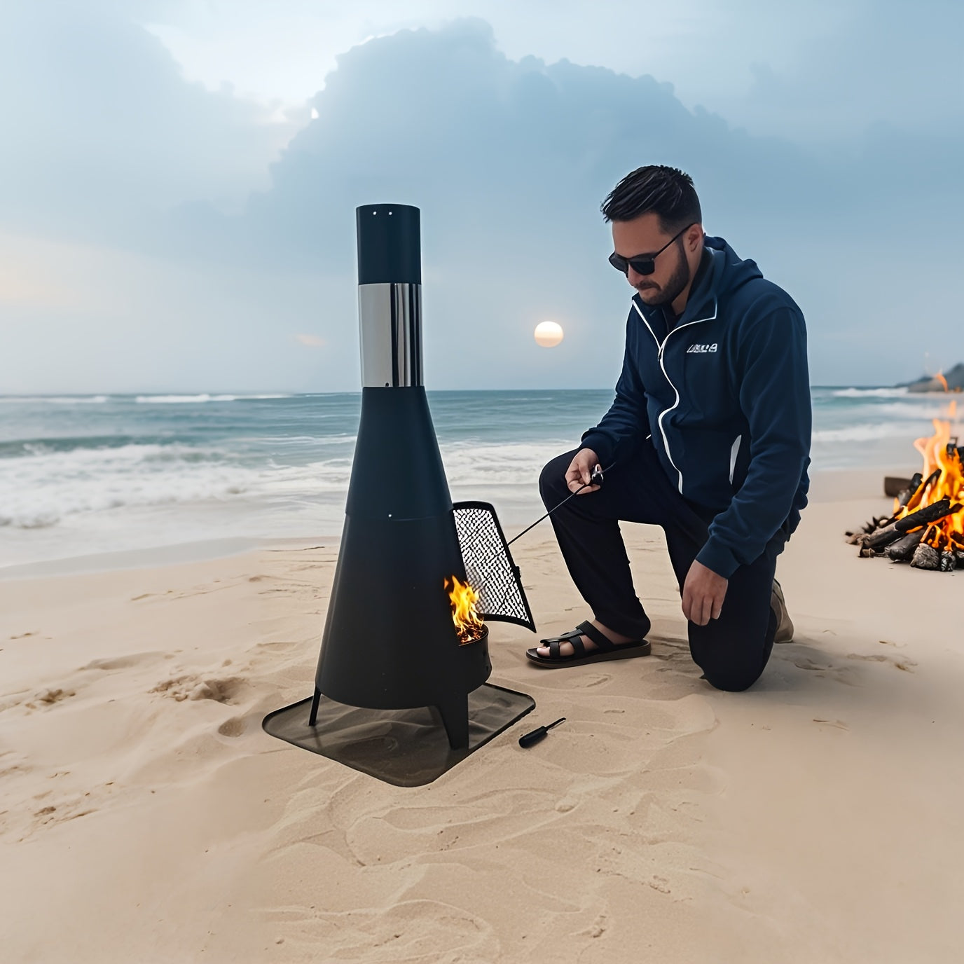 NNETM Outdoor Chimney Fireplace with Mesh Door Black Steel-3