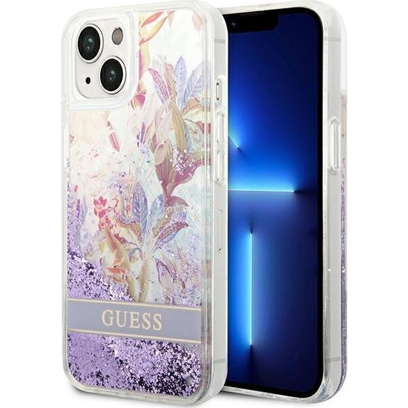 Guess Flower Liquid Glitter Apple iPhone 14 Plus hátlap tok, lila (GUE2061)-0