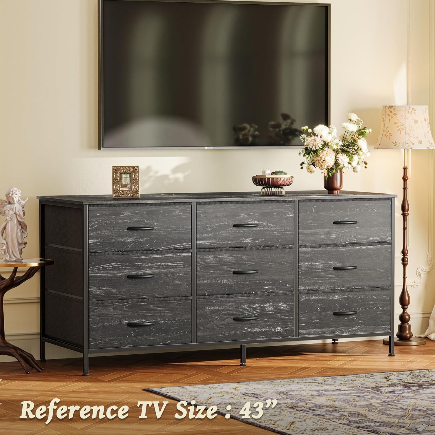 9 Drawer Dresser TV Stand For 55 Inch TV Charcoal Wood Grain-1