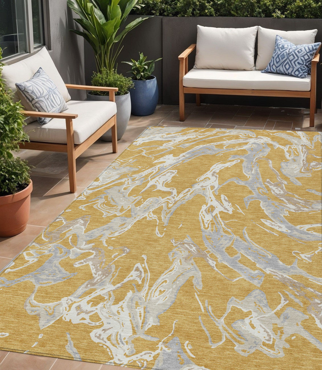 5' X 8' Gold Gray And Ivory Abstract Washable Indoor Outdoor Area Rug-0
