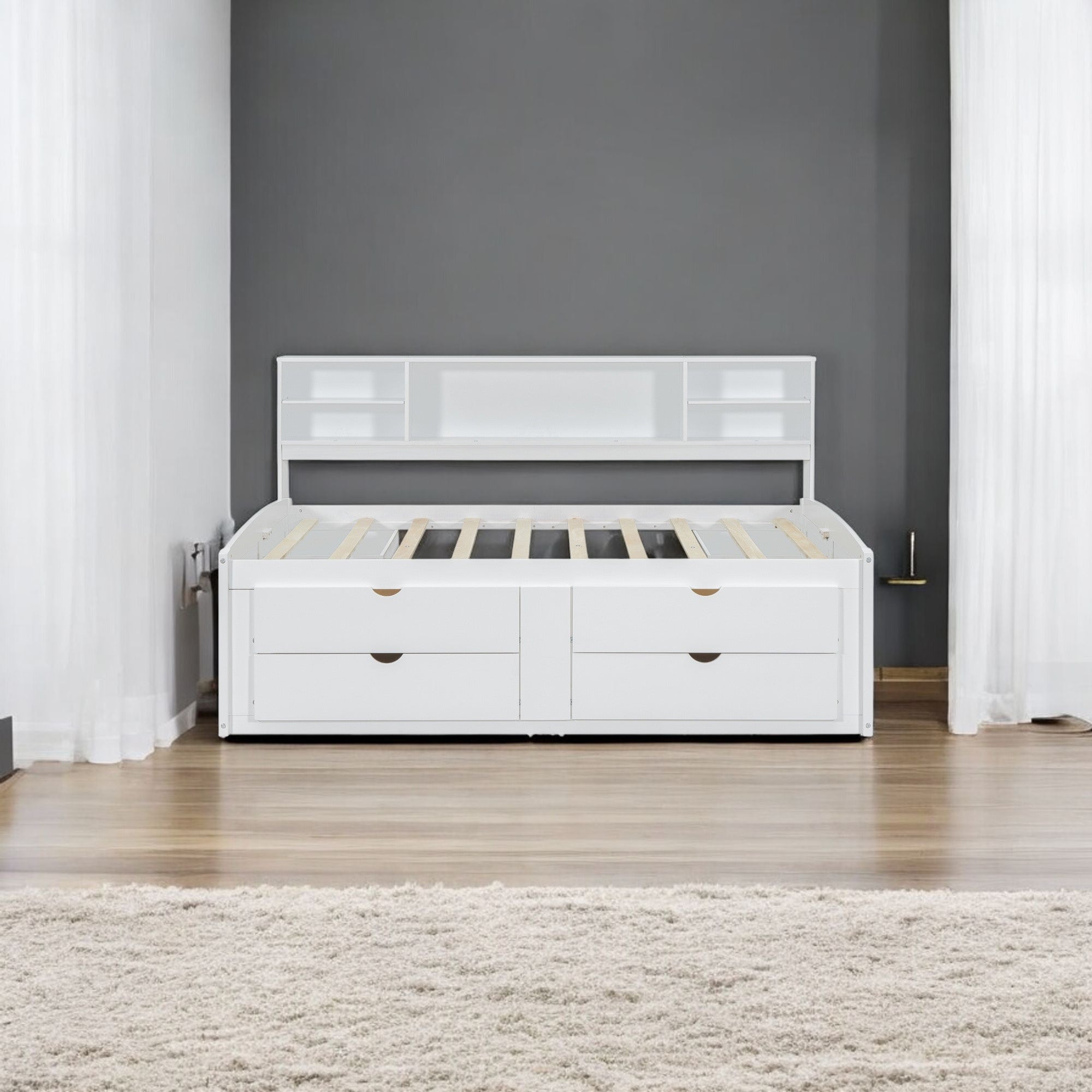 White Wood Full Bed Frame With Drawers-1