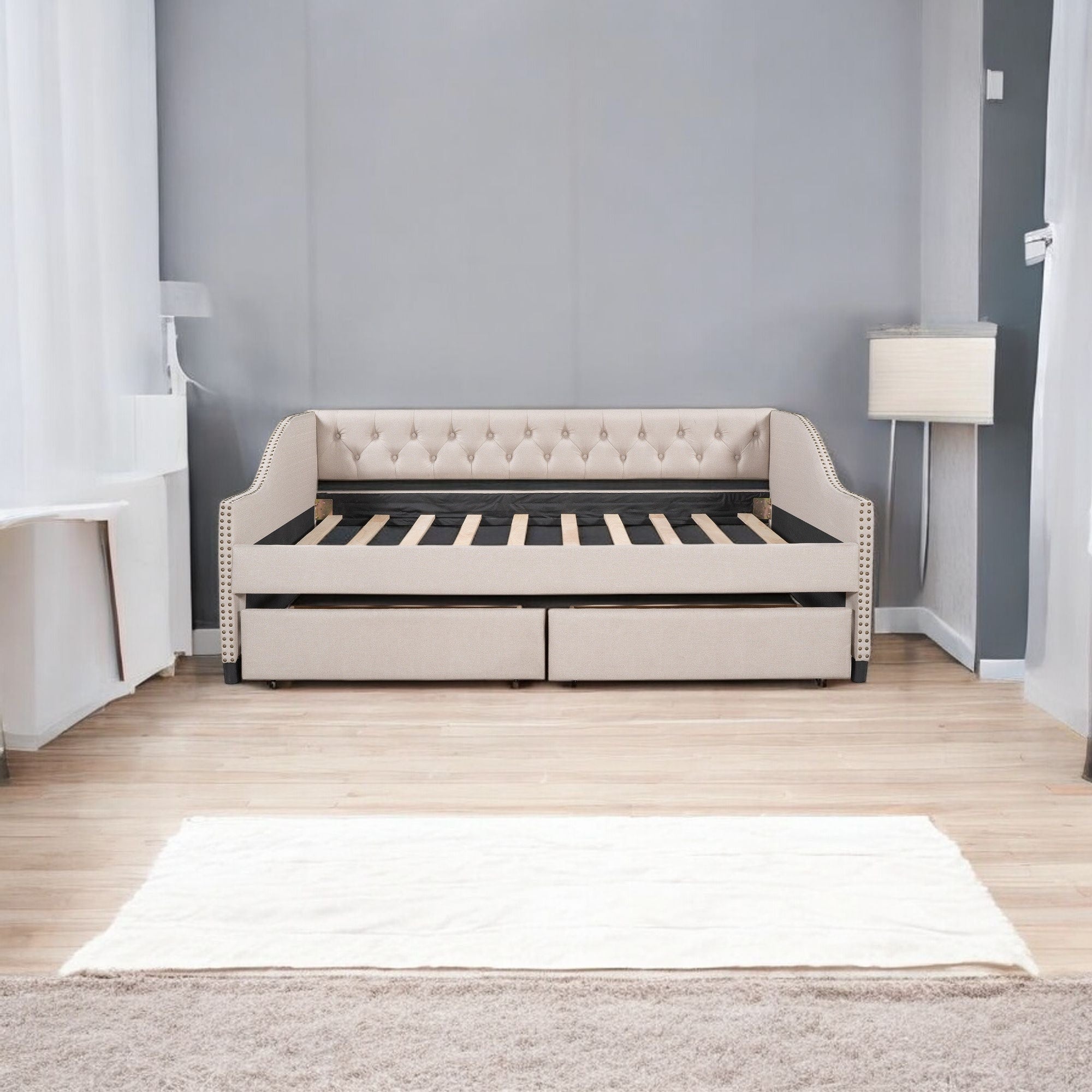 Beige Upholstered Full Bed Frame With Drawers-1