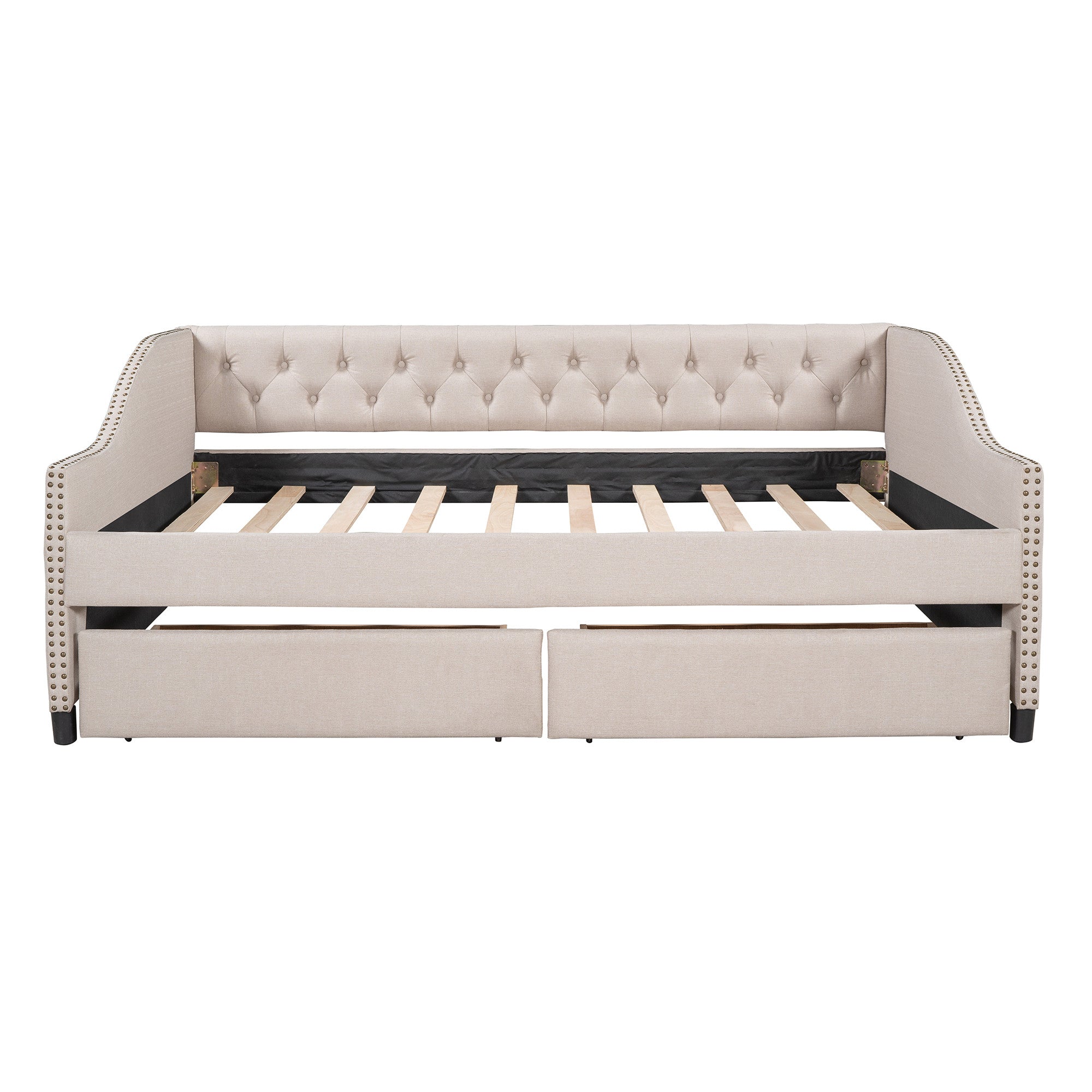 Beige Upholstered Full Bed Frame With Drawers-0