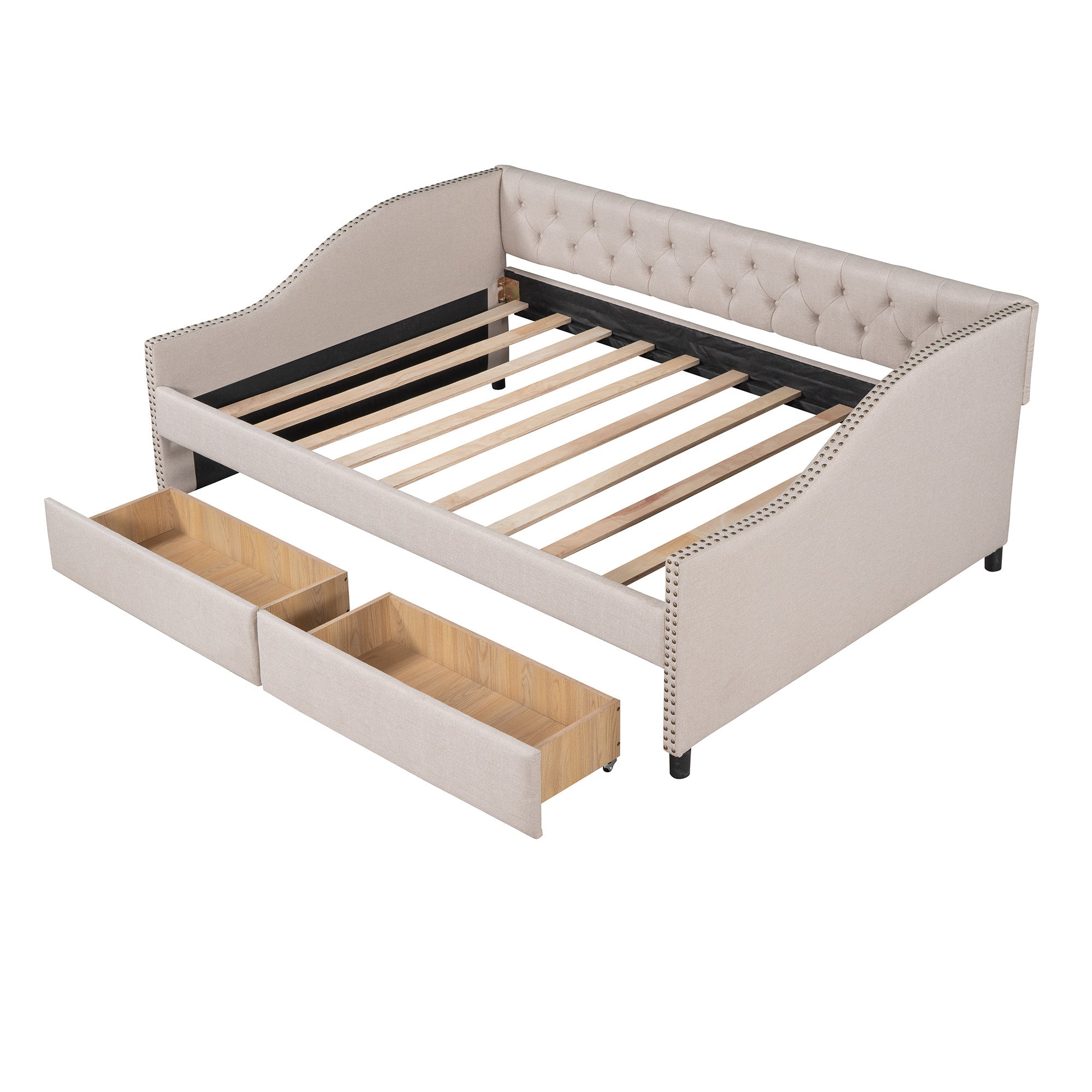 Beige Upholstered Full Bed Frame With Drawers-2