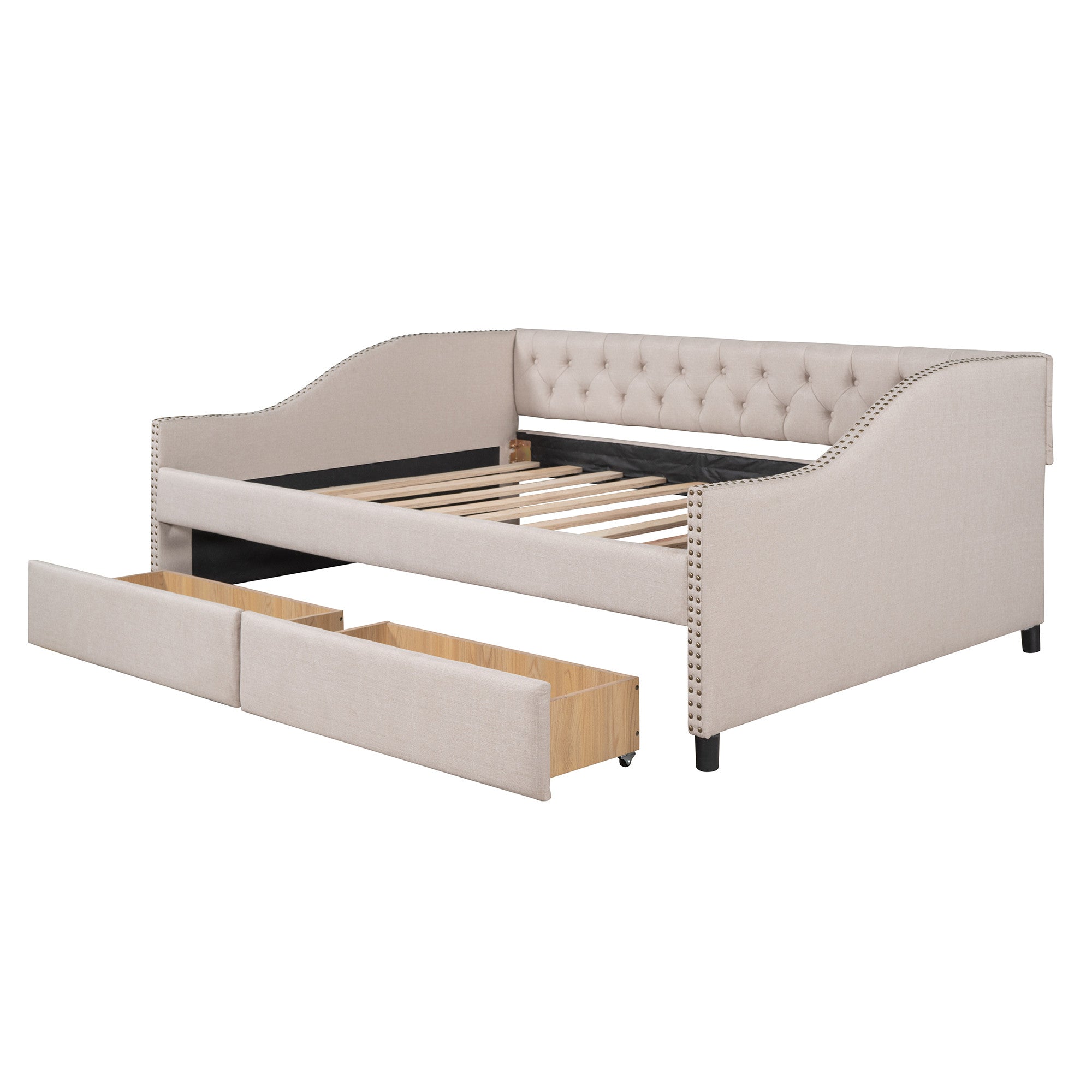 Beige Upholstered Full Bed Frame With Drawers-4