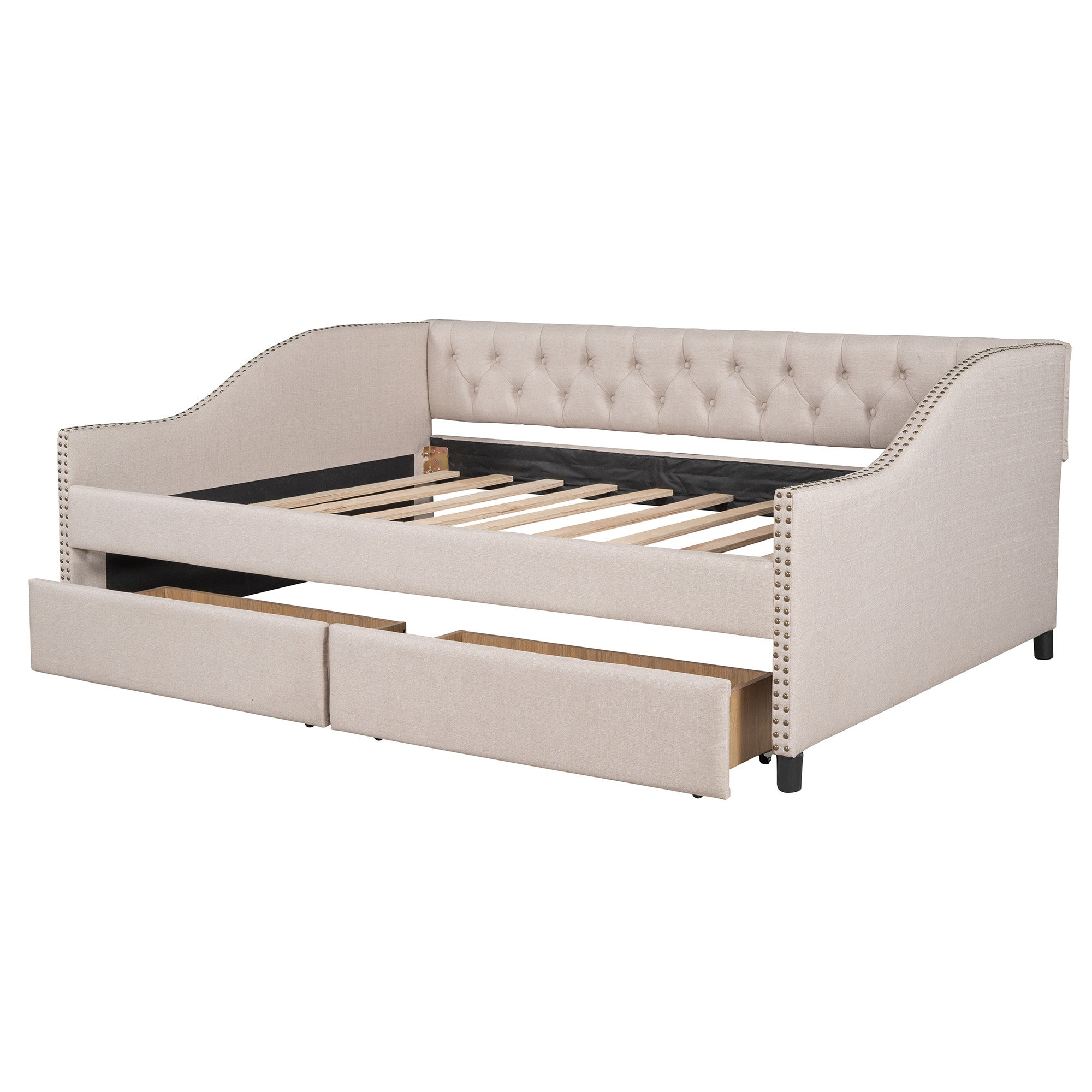 Beige Upholstered Full Bed Frame With Drawers-3