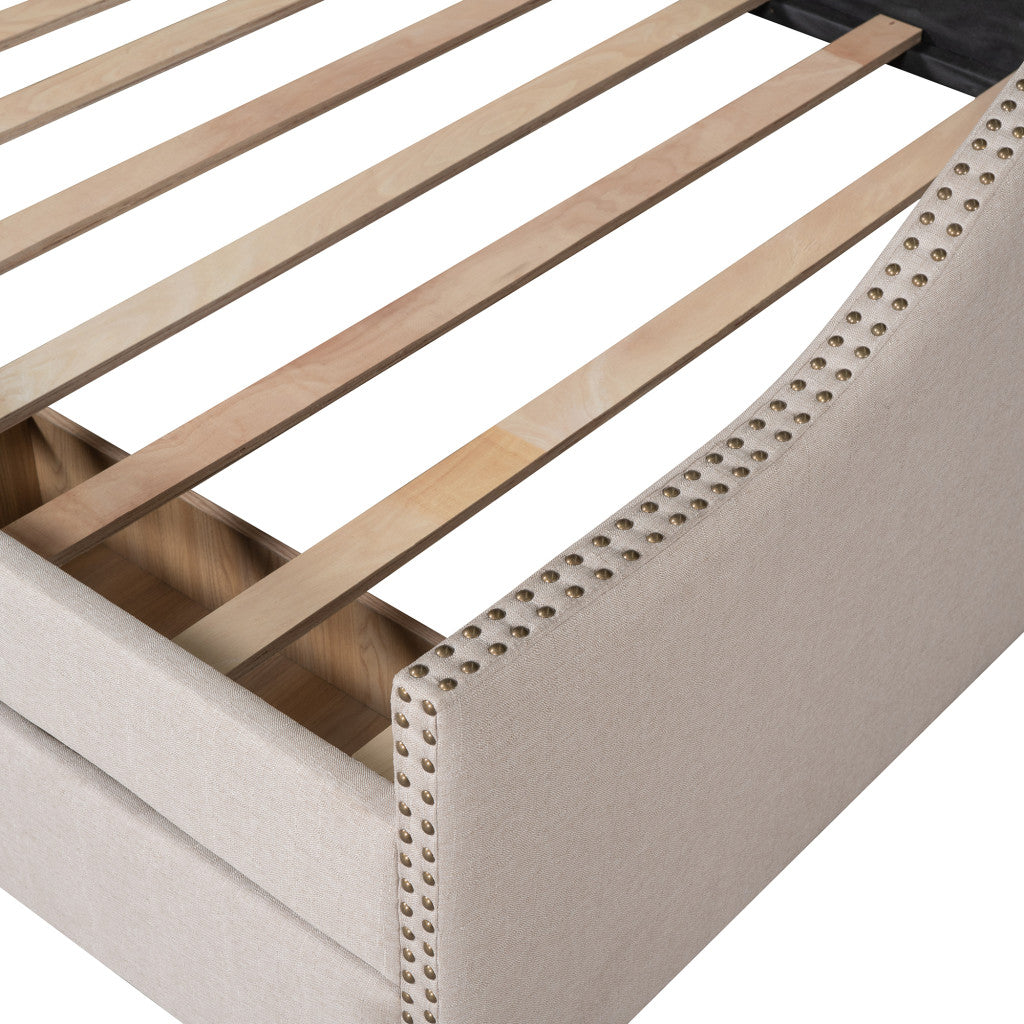Beige Upholstered Full Bed Frame With Drawers-5