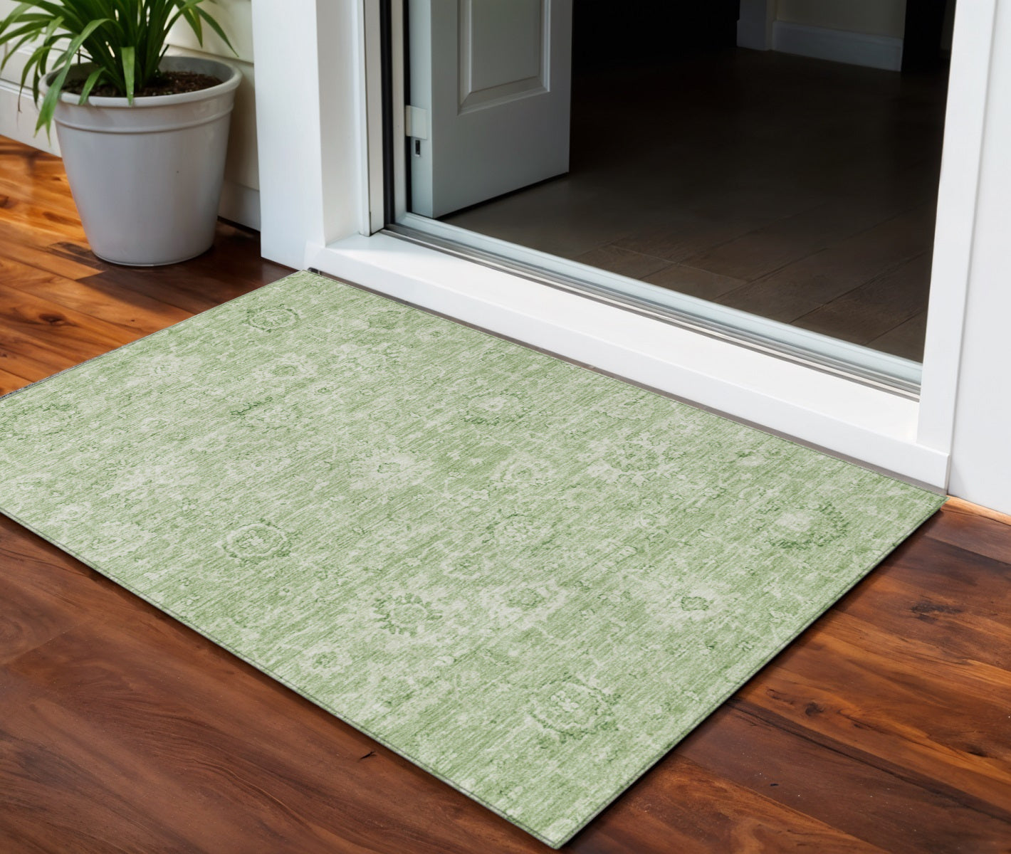 3' X 5' Artichoke Green And Ivory Damask Washable Indoor Outdoor Area Rug-0