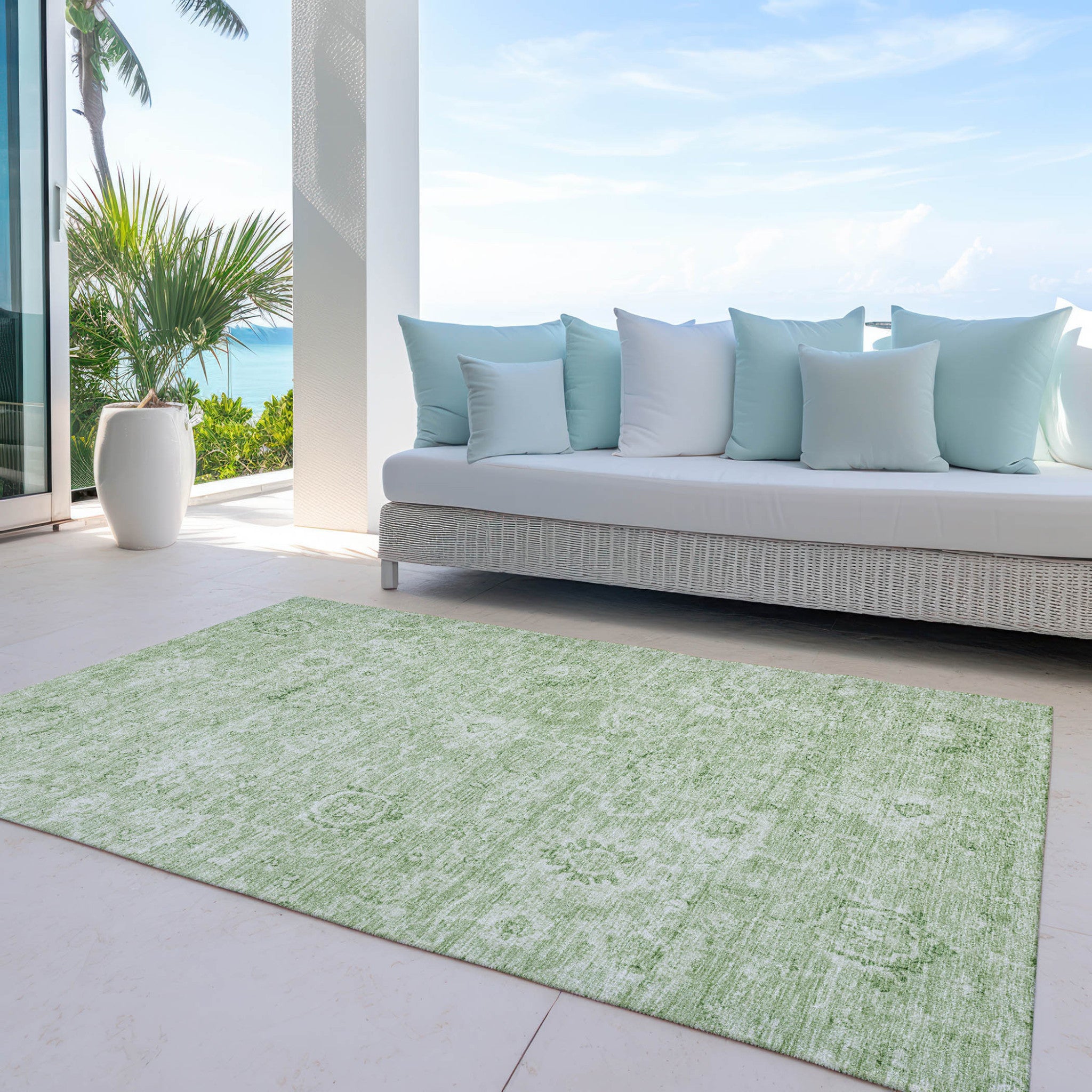 3' X 5' Artichoke Green And Ivory Damask Washable Indoor Outdoor Area Rug-6