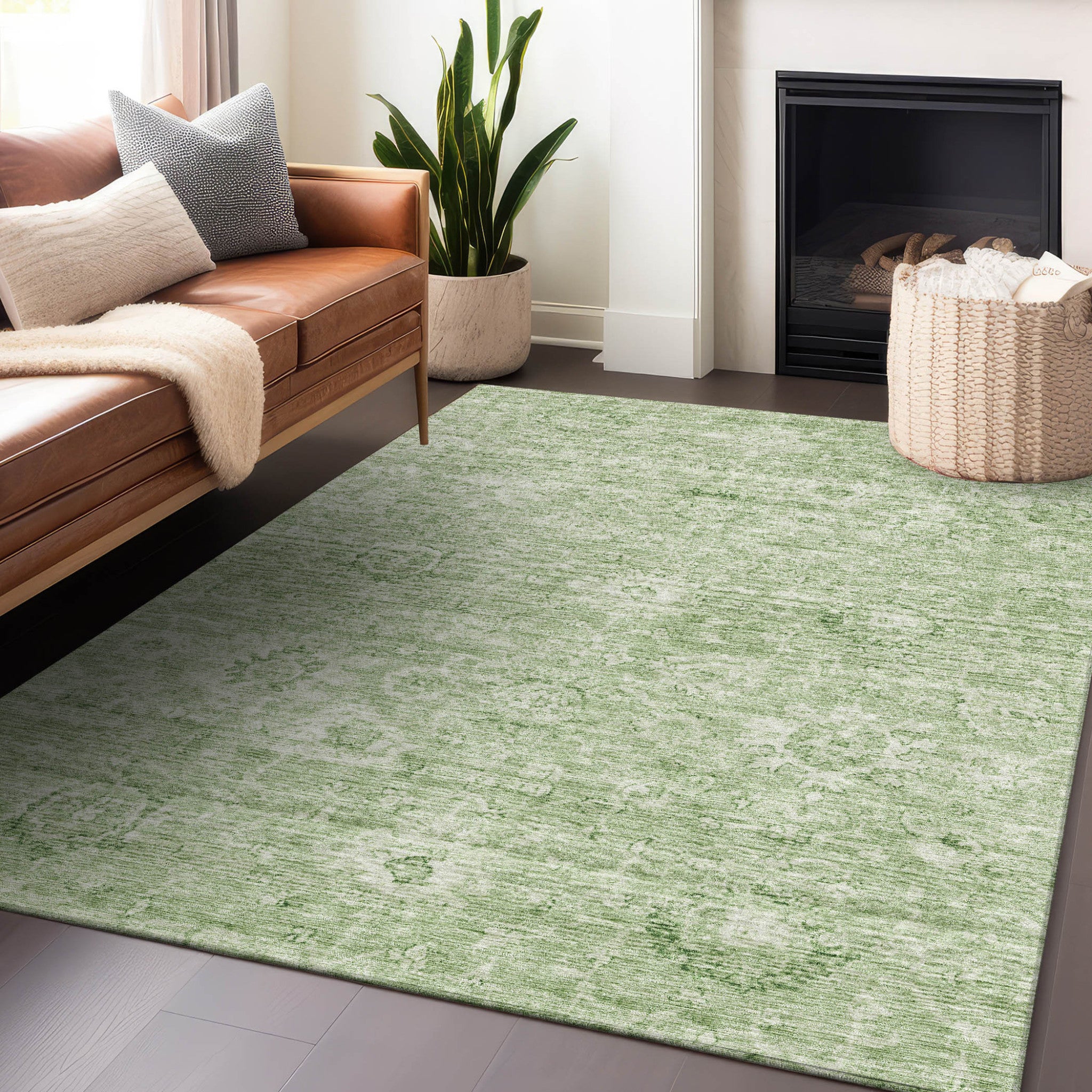 3' X 5' Artichoke Green And Ivory Damask Washable Indoor Outdoor Area Rug-7
