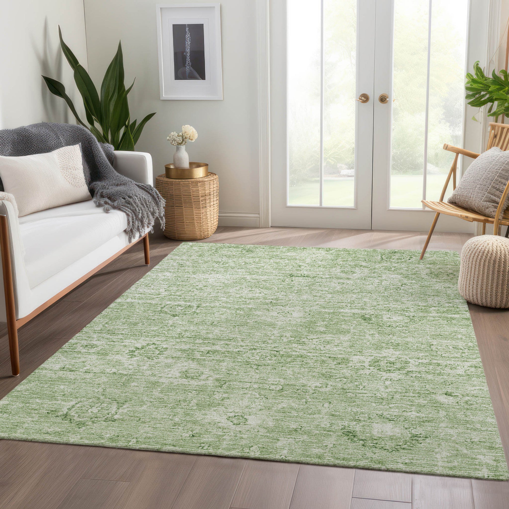 3' X 5' Artichoke Green And Ivory Damask Washable Indoor Outdoor Area Rug-8
