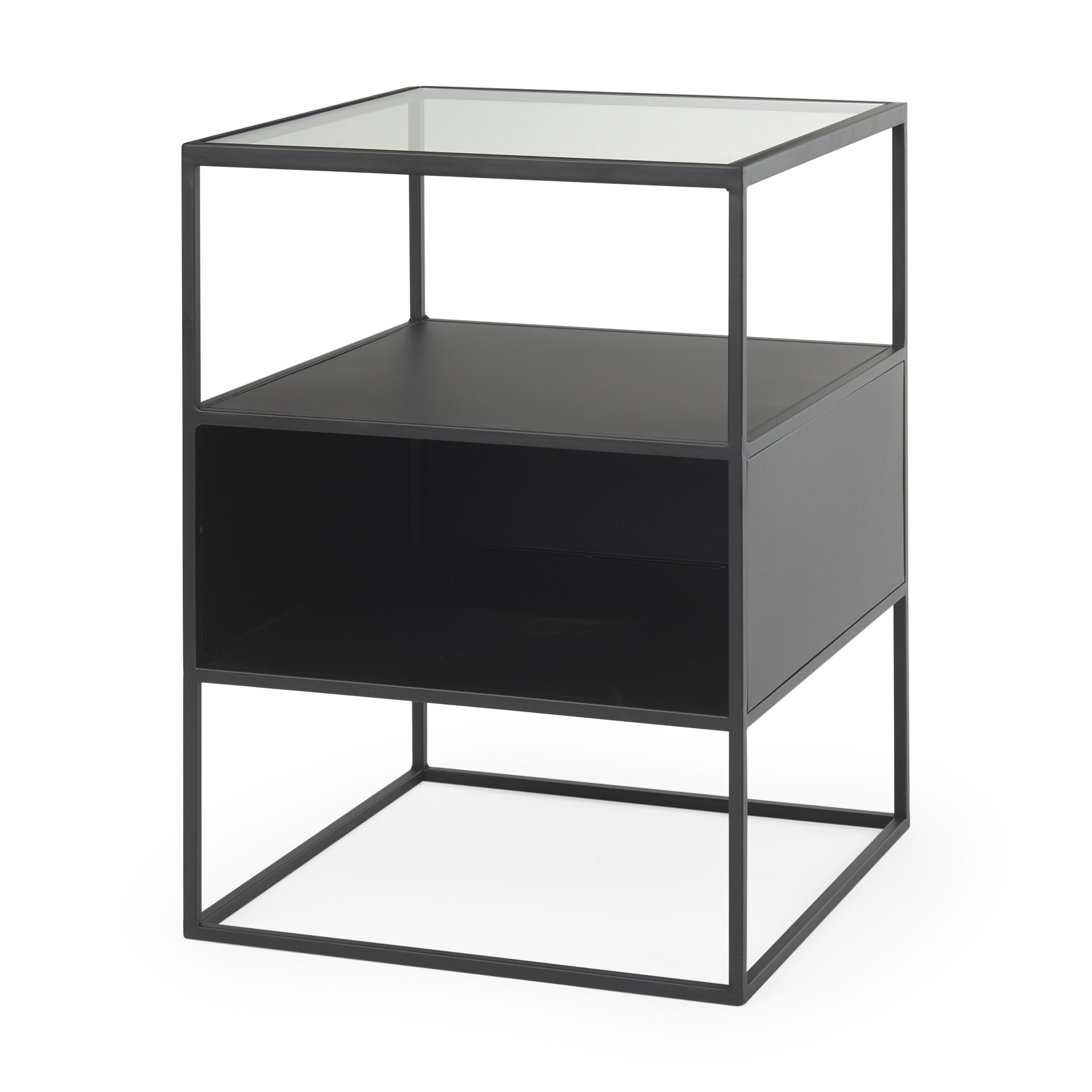 21" Clear and Black Glass and Metal Square Frame End Table With Two Shelves-2