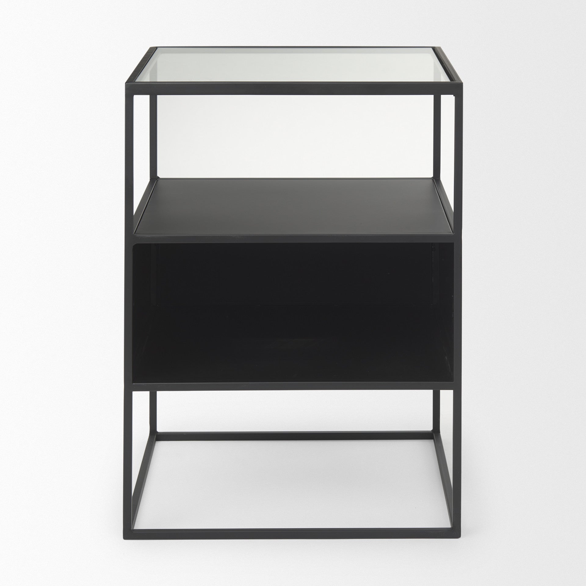 21" Clear and Black Glass and Metal Square Frame End Table With Two Shelves-1