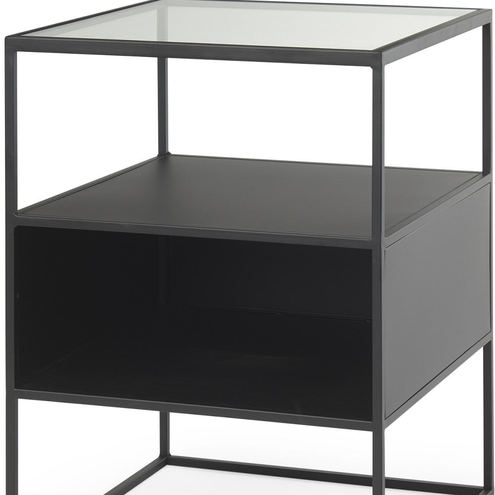 21" Clear and Black Glass and Metal Square Frame End Table With Two Shelves-5