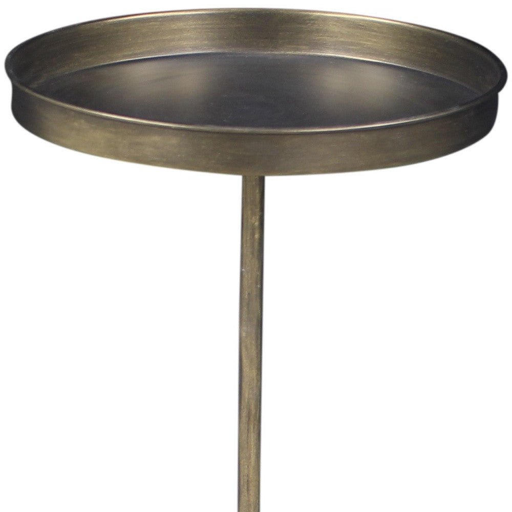 23" Brass Distressed Iron Round Pedestal Tray Top End Table-7