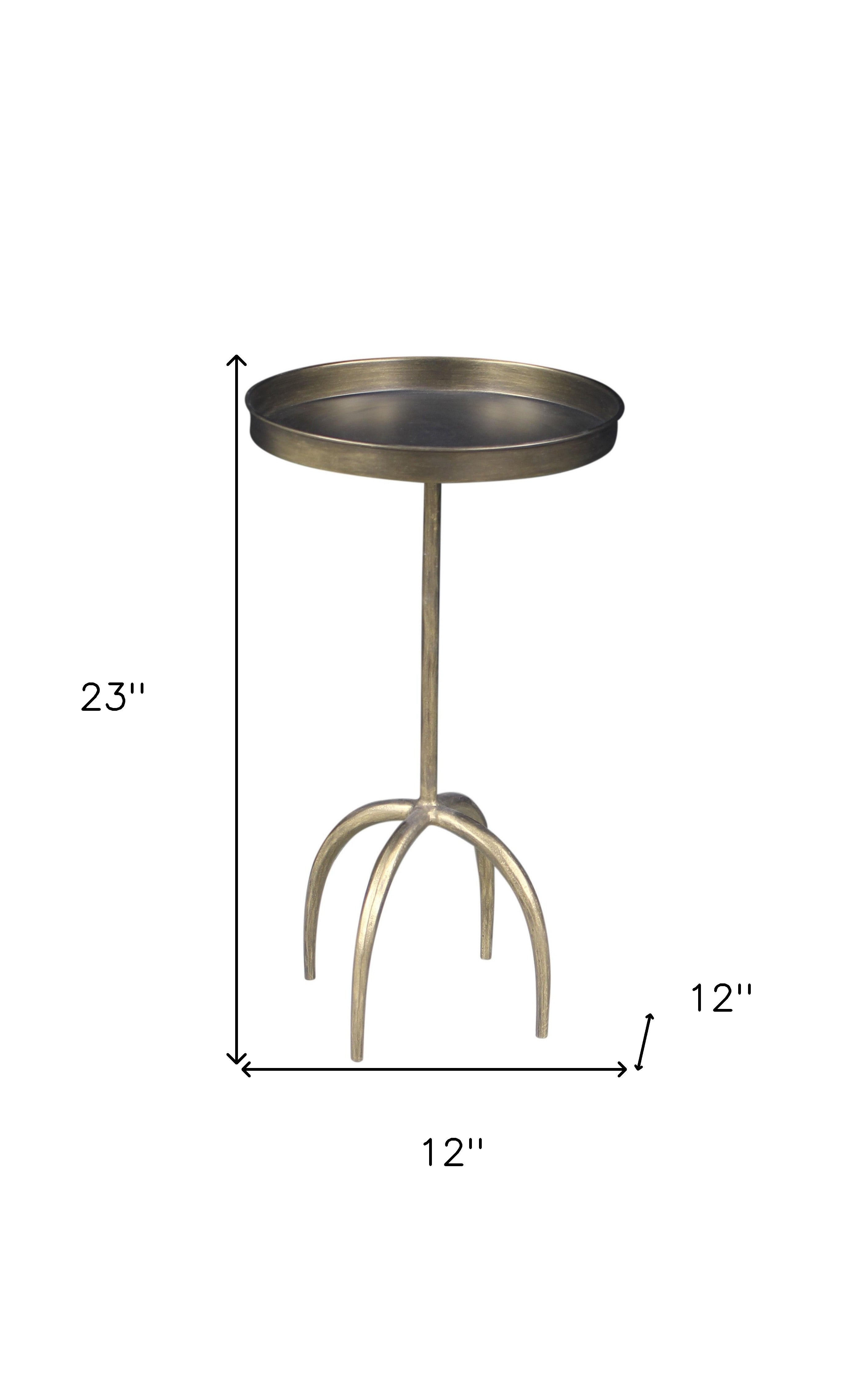 23" Brass Distressed Iron Round Pedestal Tray Top End Table-8
