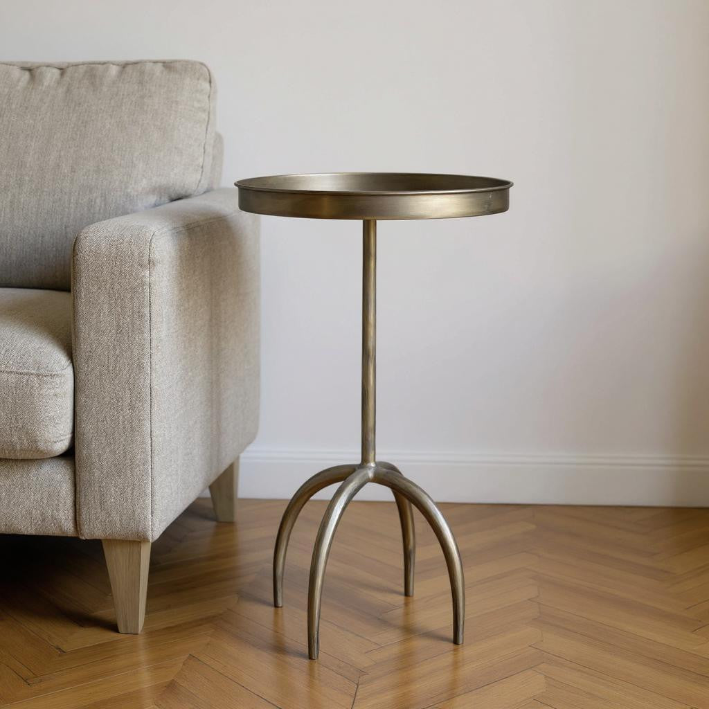 23" Brass Distressed Iron Round Pedestal Tray Top End Table-0