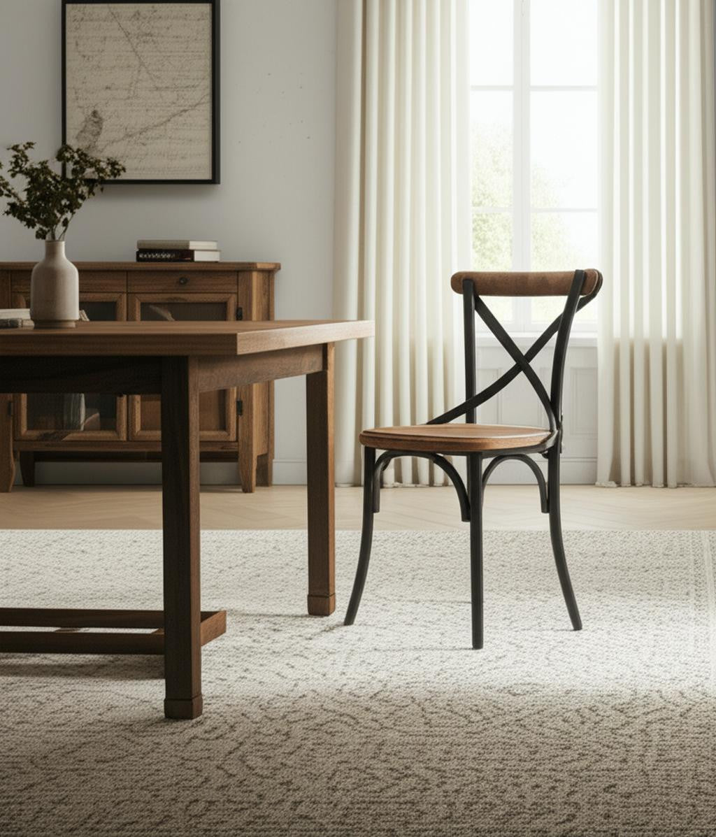 Light Brown and Black Solid Wood And Iron Cross Back Dining Side Chair-0