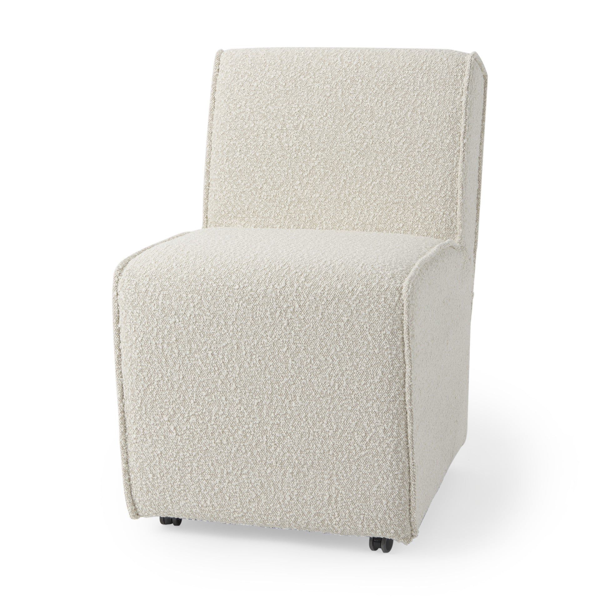 Cream Fully Upholstered Boucle Dining Side Chair With Wheels-1