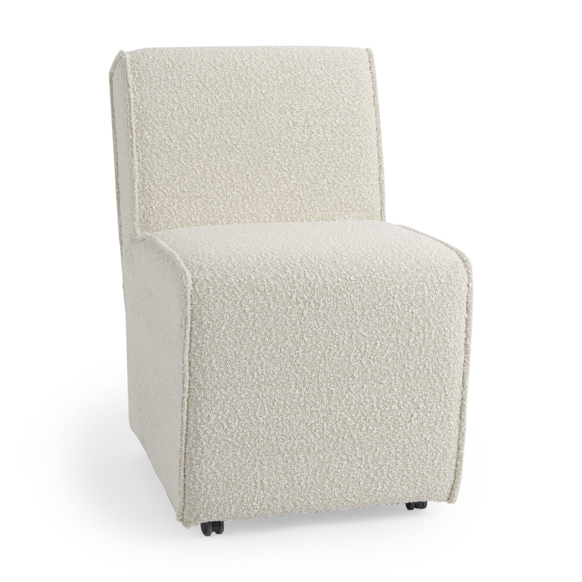 Cream Fully Upholstered Boucle Dining Side Chair With Wheels-3