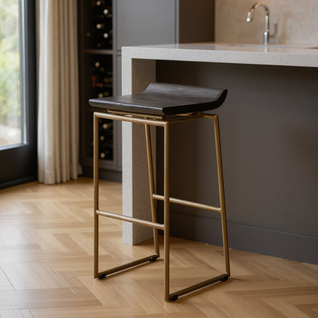 30" Black and Gold Solid Wood and Metal Backless Bar Height Bar Chair-0