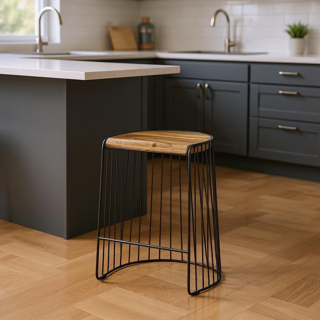 26" Natural and Black Solid Wood and Iron Backless Counter Height Bar Chair-0