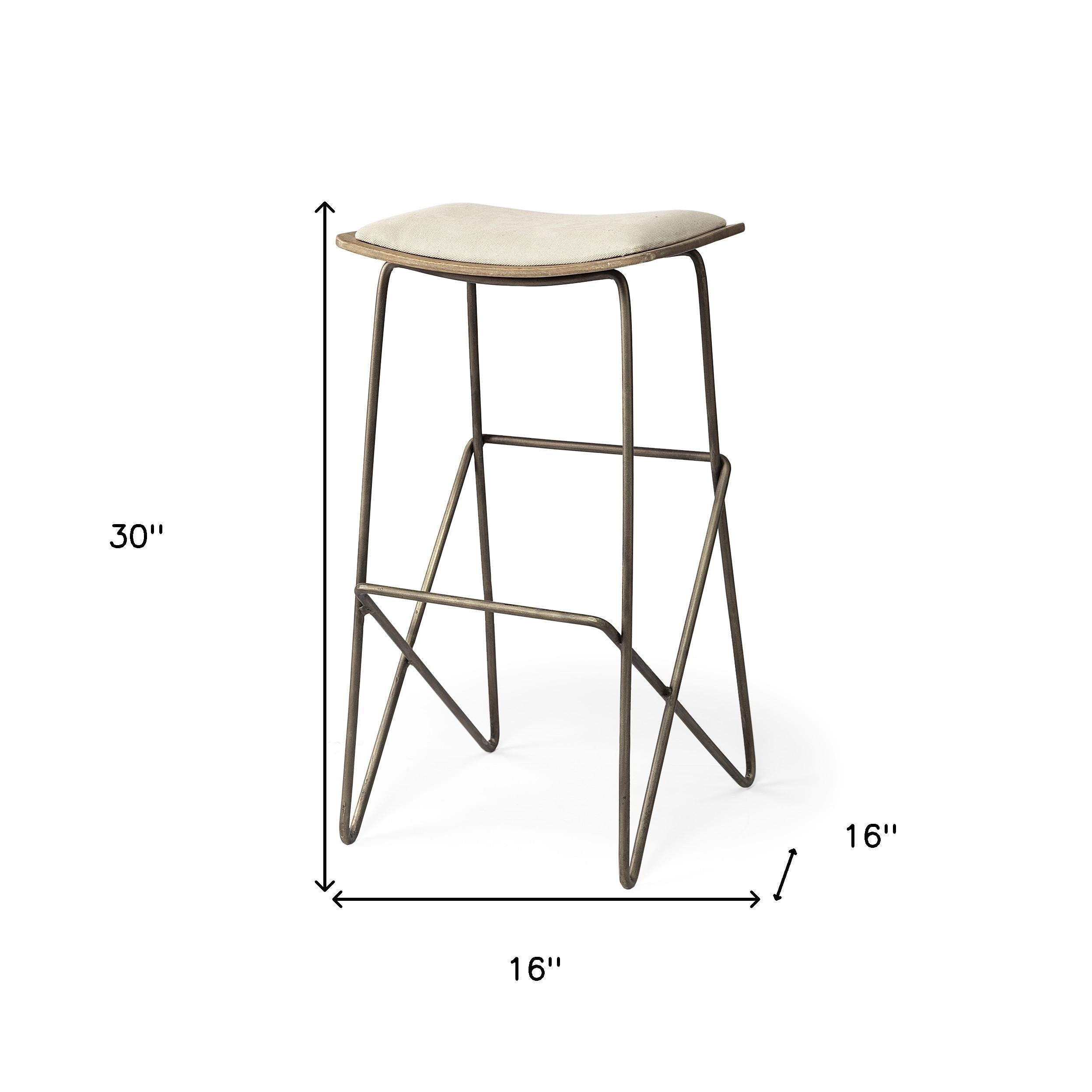 30" Cream and Gold Iron and Fabric Backless Bar Height Bar Chair-4