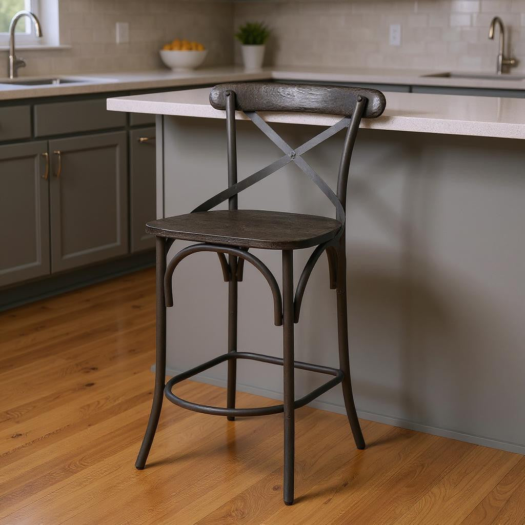 26" Black Solid Wood and Iron Counter Height Bar Chair-0