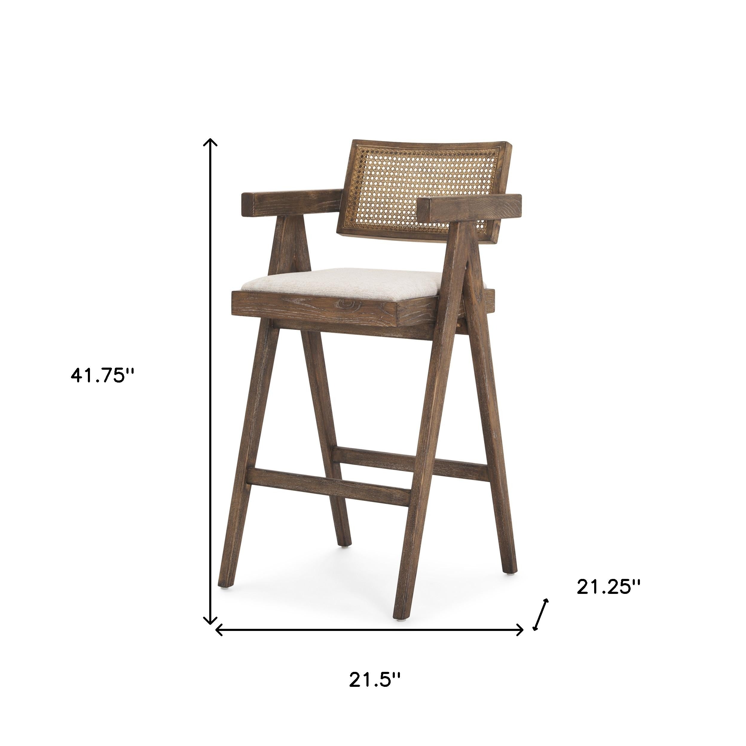 30" Off White and Brown Fabric and Solid Wood Low Back Bar Height Bar Chair-4