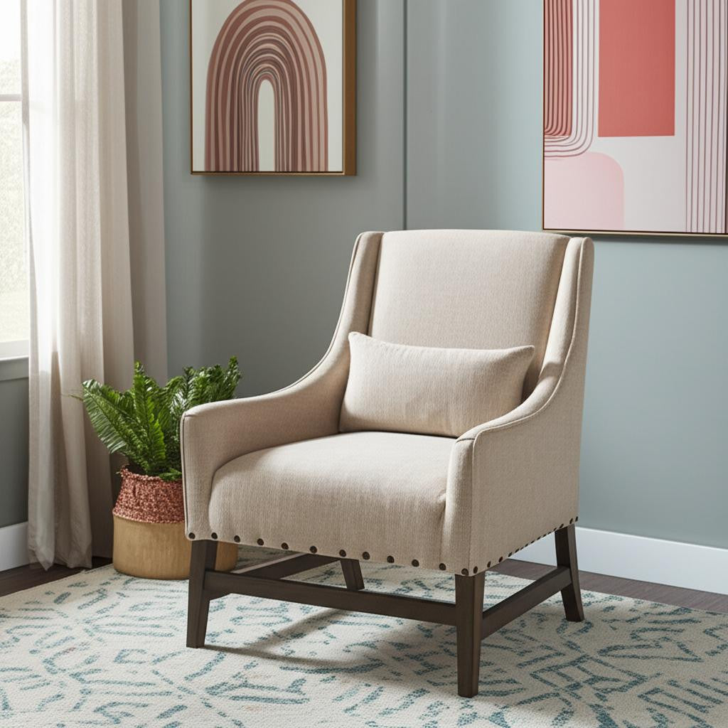 30" Cream and Brown Linen Wingback Chair-0