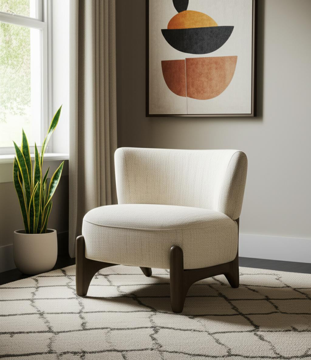 29" Cream and Brown Upholstered Slipper Chair-0