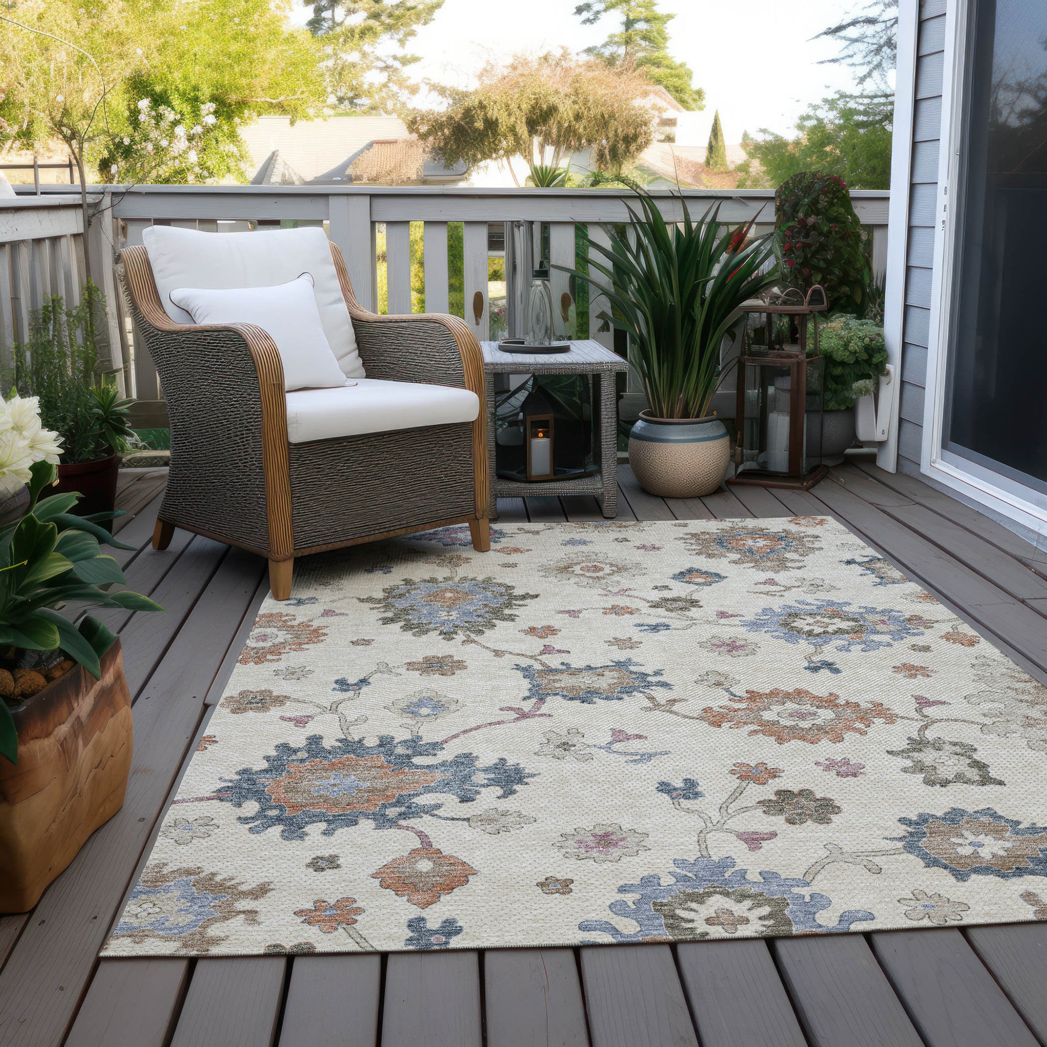 3' X 5' Ivory Brown And Blue Floral Washable Indoor Outdoor Area Rug-8