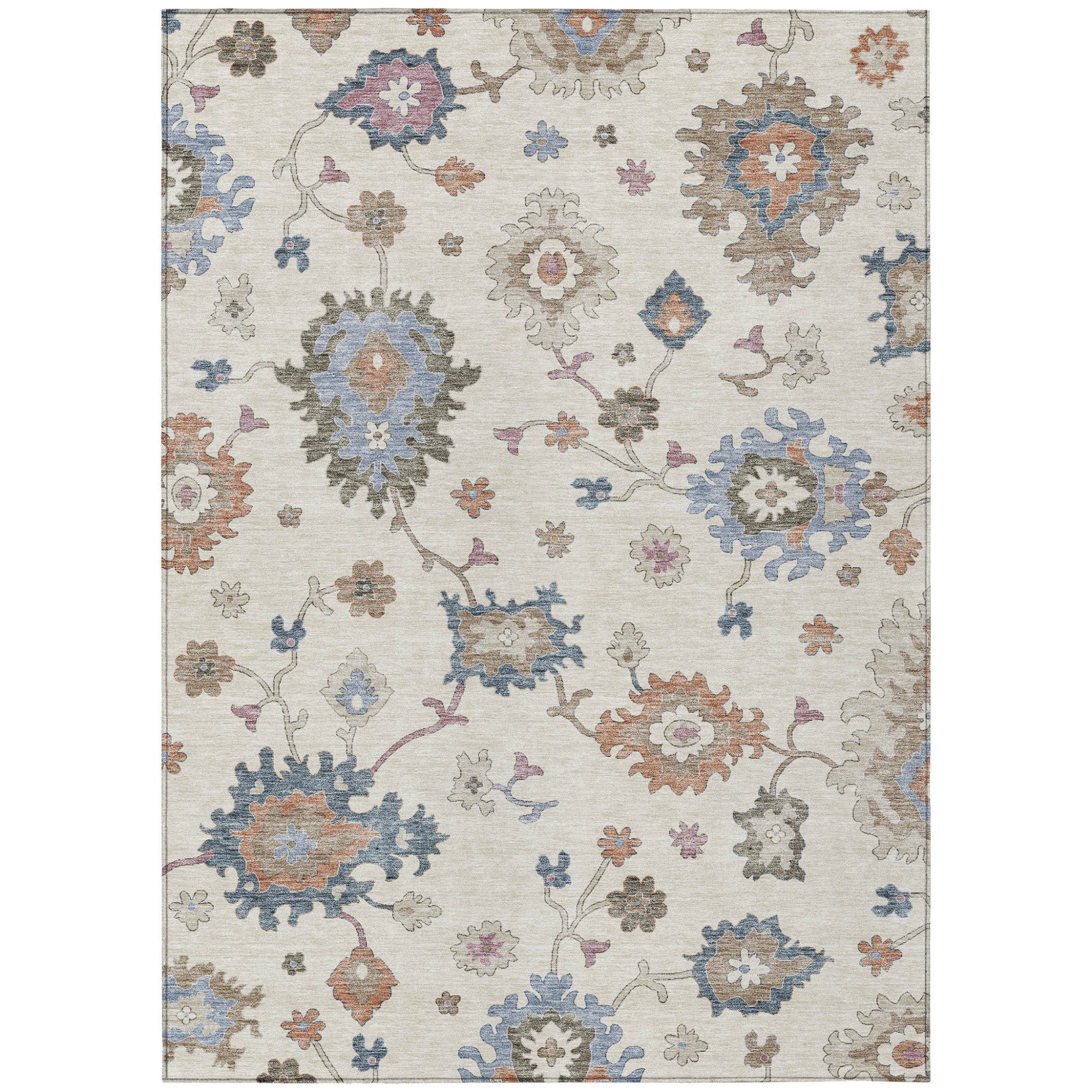 3' X 5' Ivory Brown And Blue Floral Washable Indoor Outdoor Area Rug-1